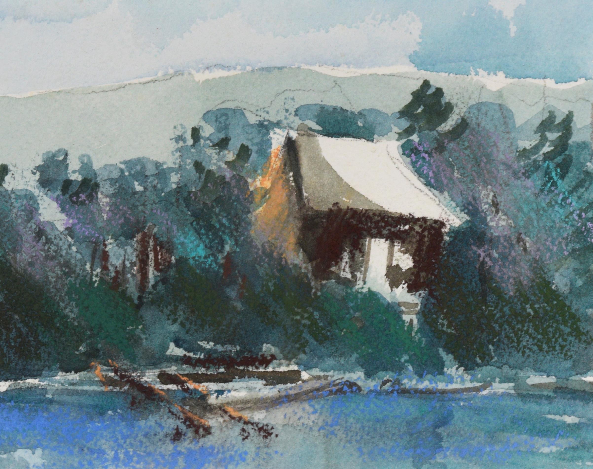 Lakeside Cabin - Pastel and Watercolor on Paper - American Impressionist Painting by Unknown