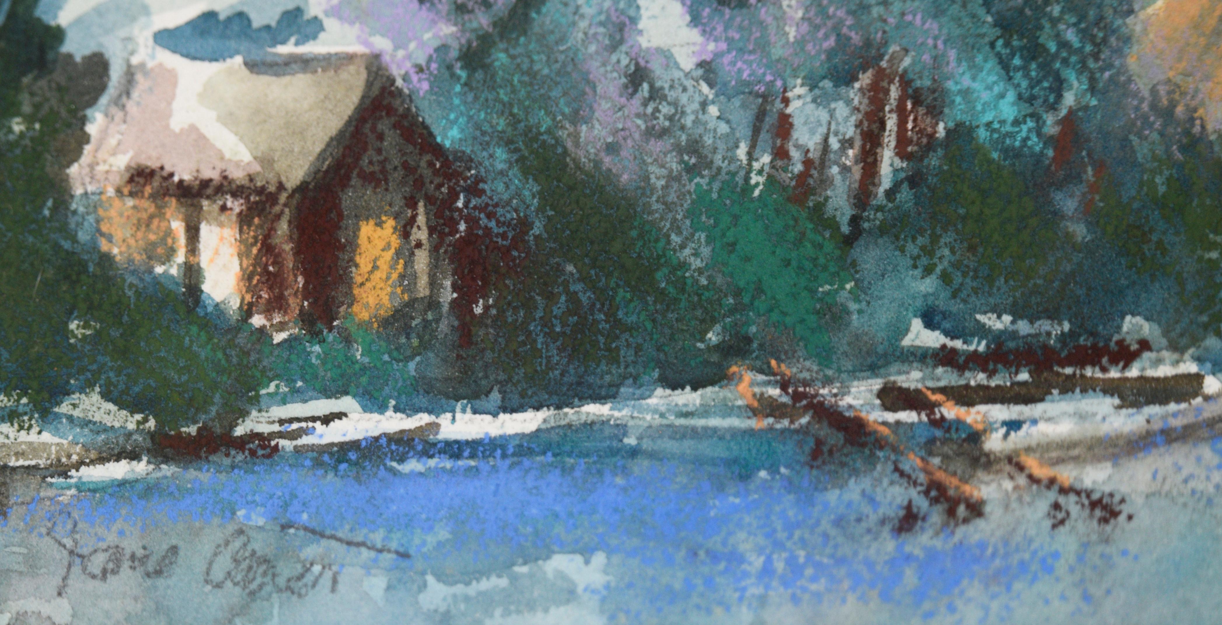 Lakeside Cabin - Pastel and Watercolor on Paper

Watercolor and pastel painting depicting two wood cabins along the lakeside. Vibrant green trees surround the cabins, with hues of blues and purples making up the lake. Light green mountains are