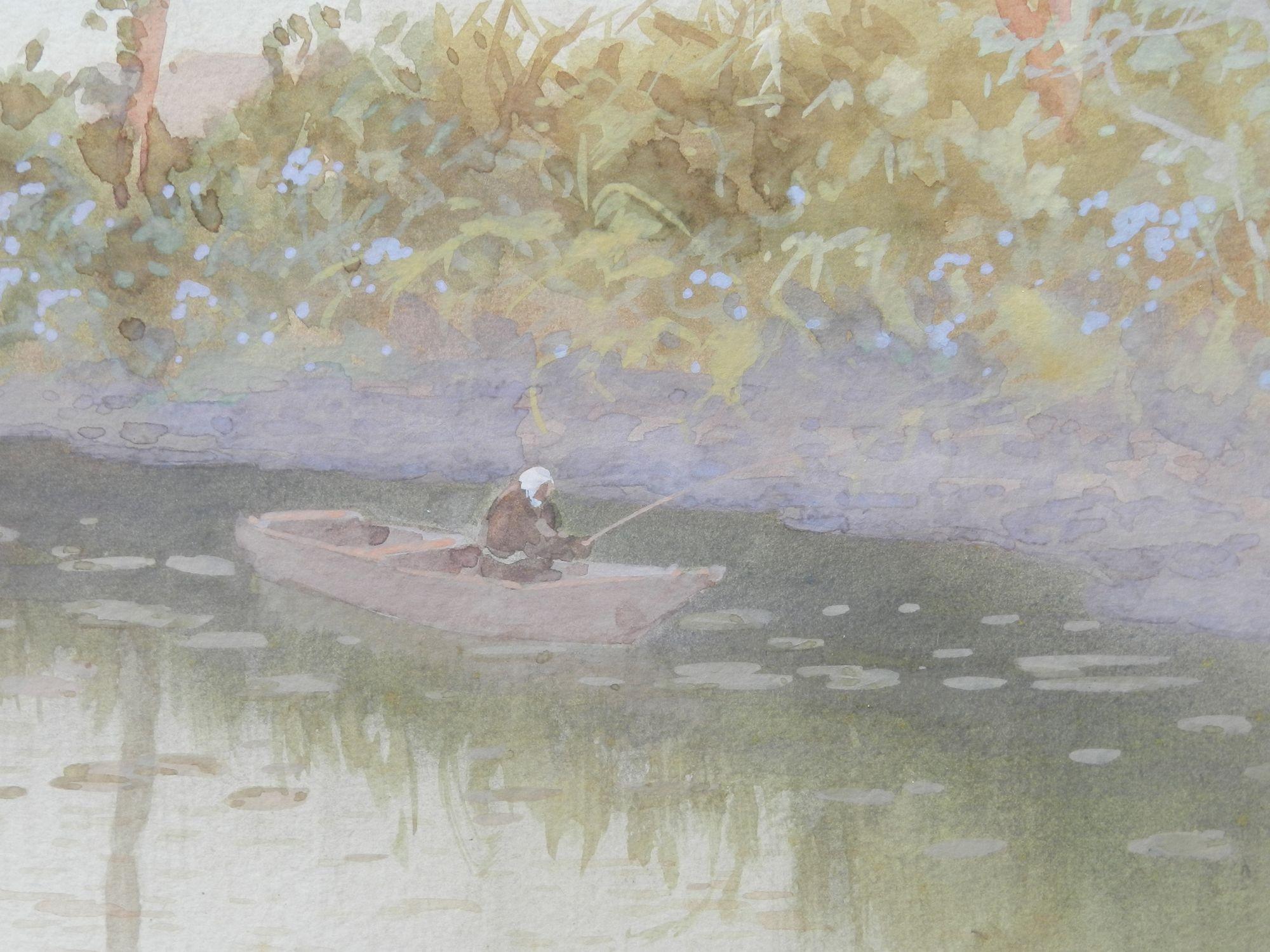 Lakeside Evening Watercolor Painting Pastel Impressionist early 20th Century For Sale 5
