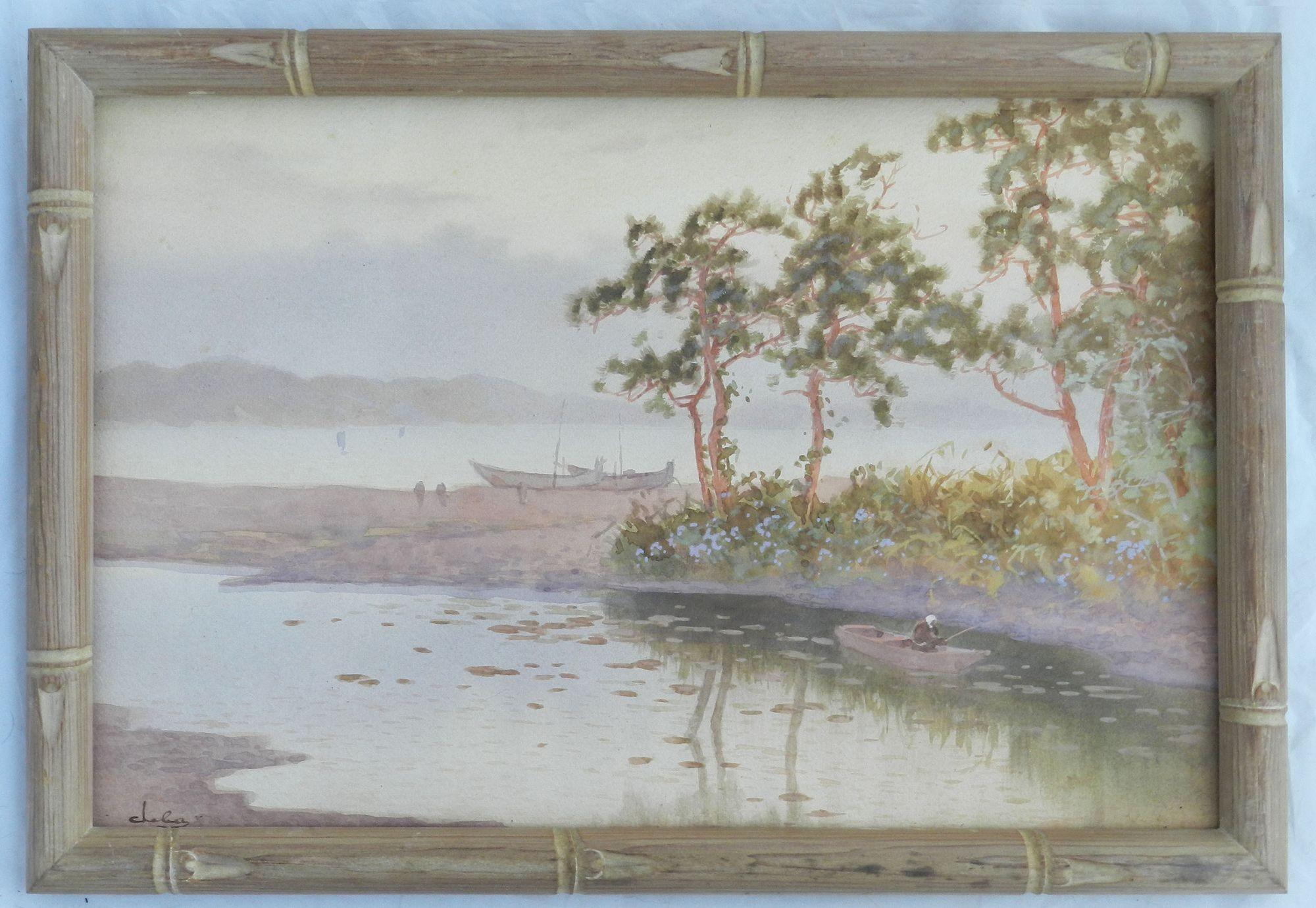 Lakeside Evening Watercolor Painting Pastel Impressionist early 20th Century For Sale 7