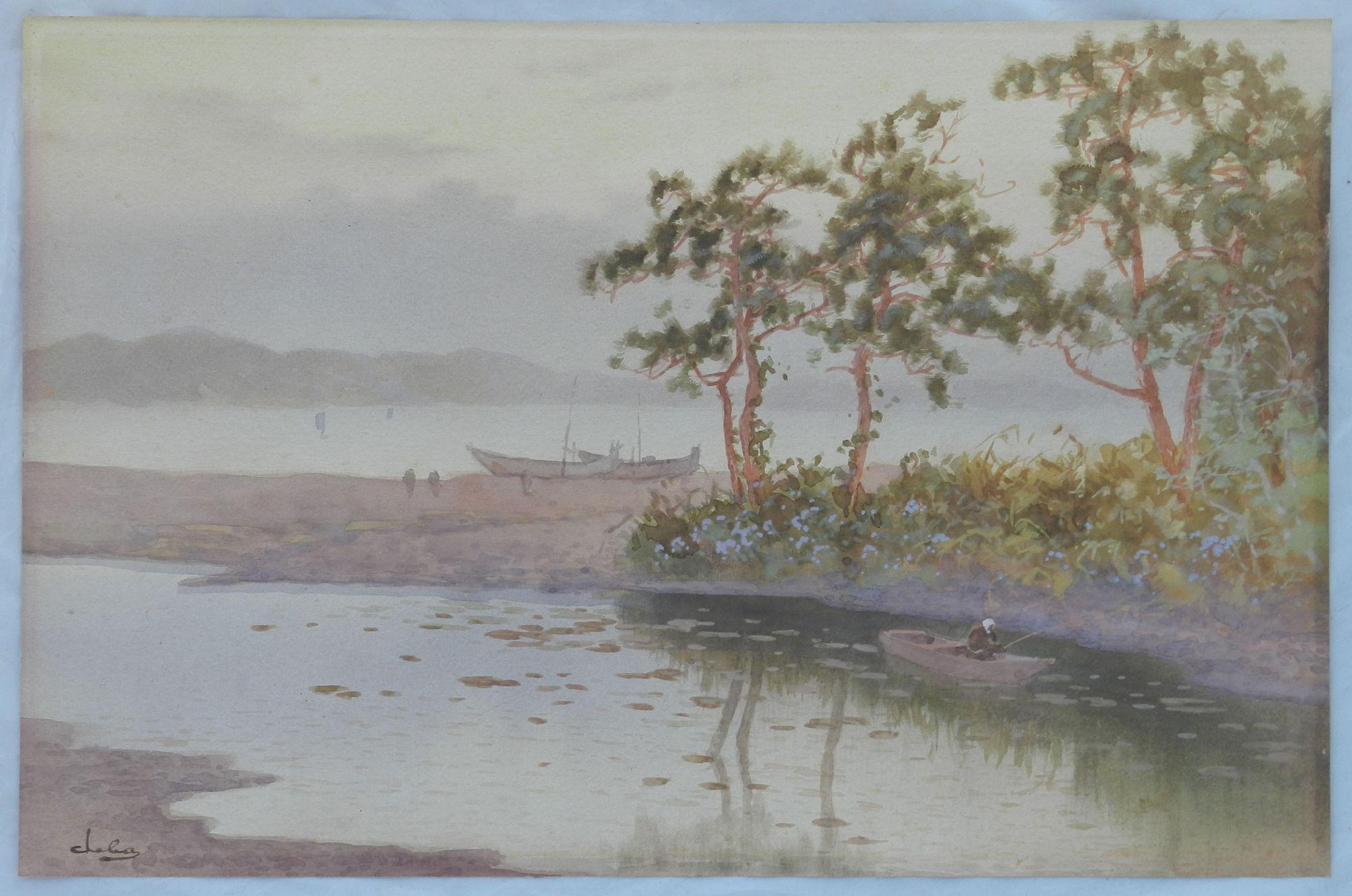 Lakeside Evening Watercolor Painting Pastel Impressionist early 20th Century
Signed by artist 
Evening at lakeside in great pastel colors
With frame (sorry apologies no glass for shipping)
53.5cm 21ins x 36.5cm 14.37ins
 
 
