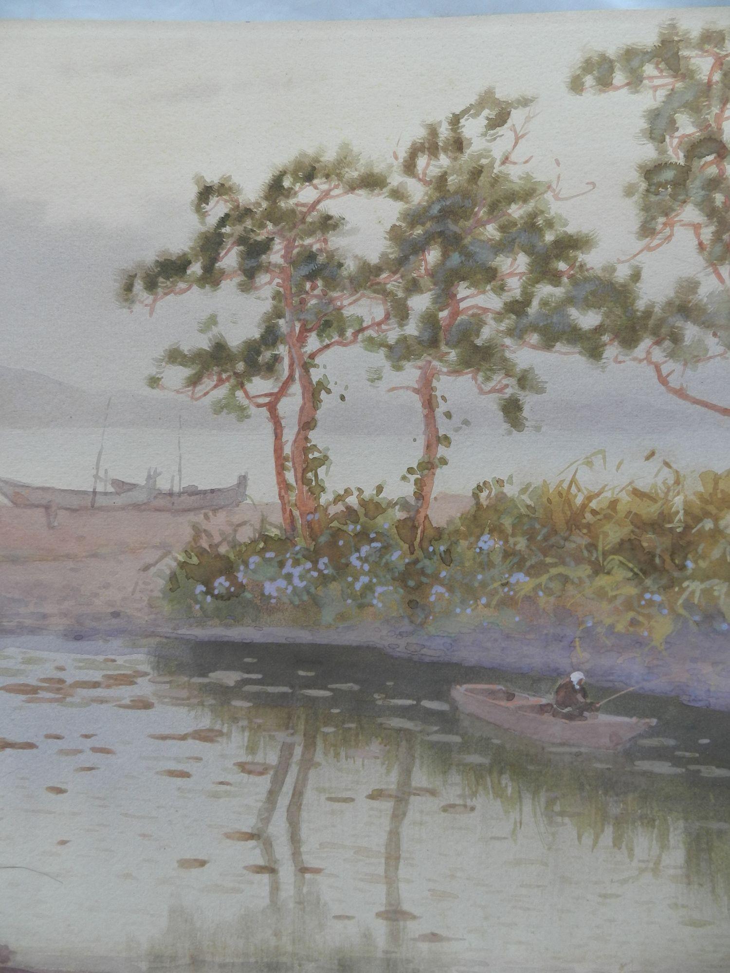 Lakeside Evening Watercolor Painting Pastel Impressionist early 20th Century For Sale 3