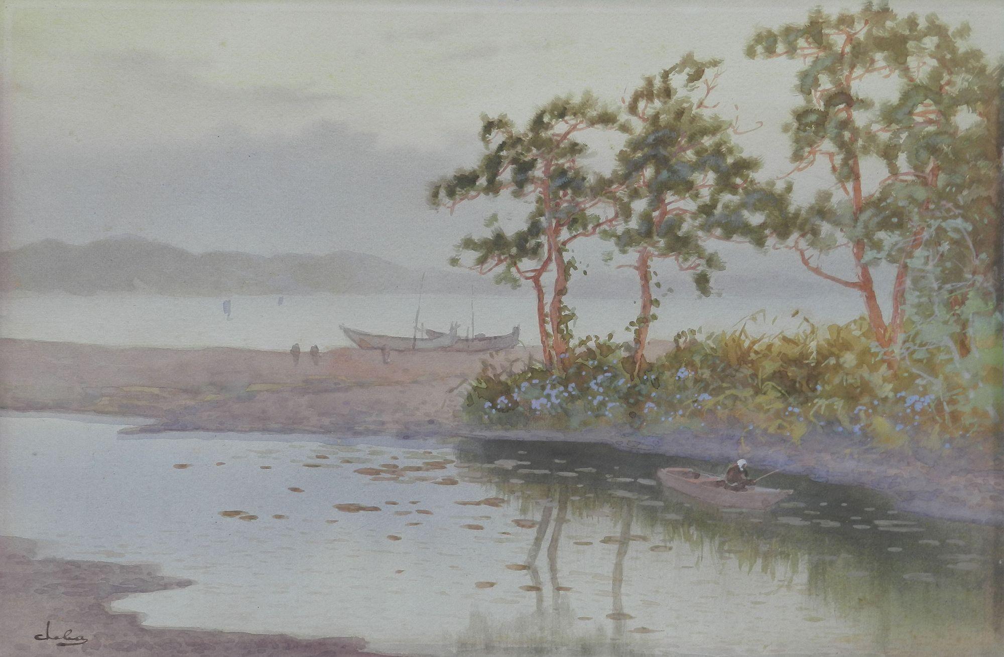 Unknown Landscape Painting - Lakeside Evening Watercolor Painting Pastel Impressionist early 20th Century