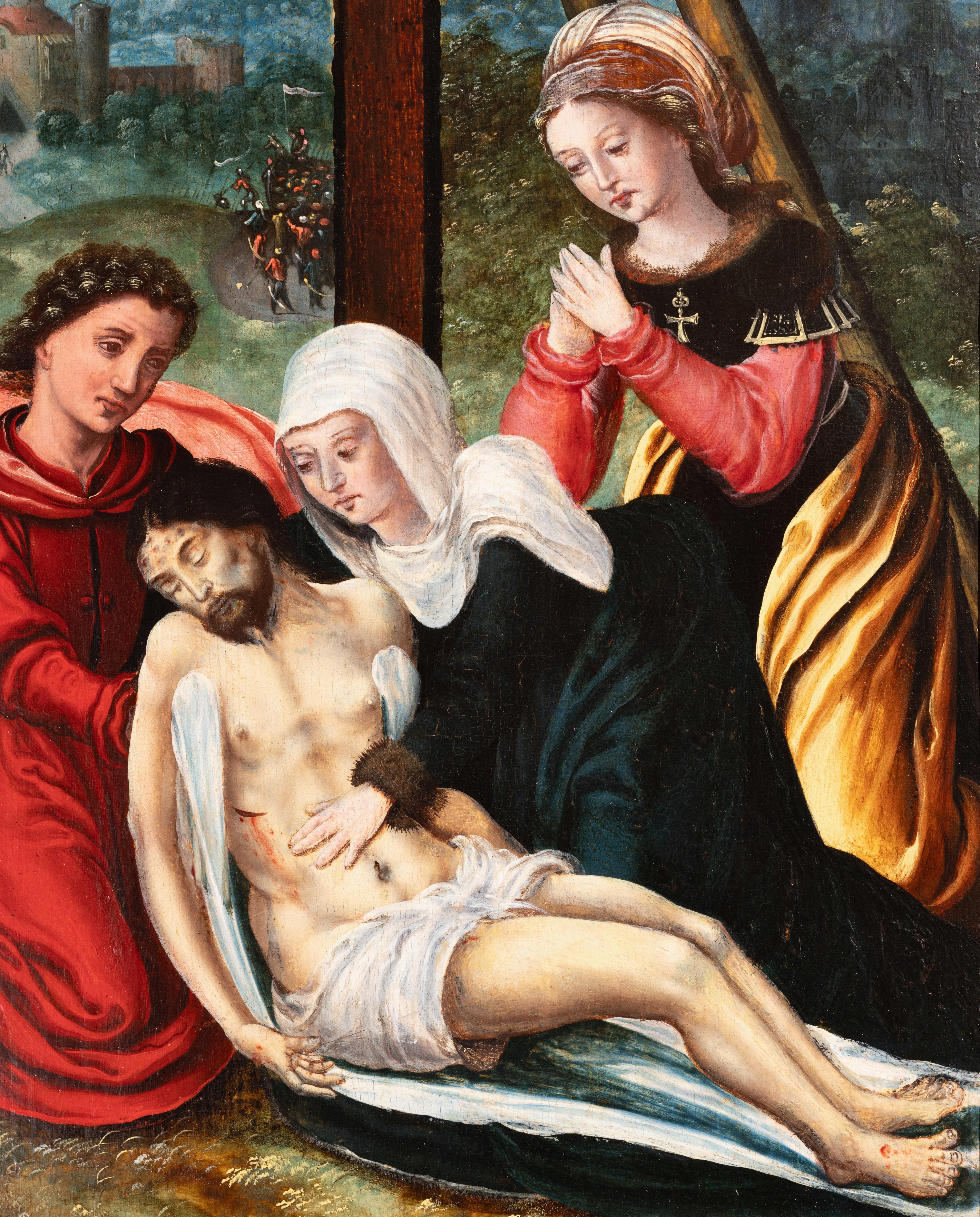 The Lamentation of Christ with Saint Jean, Virgin and Mary Magdalene
First half of 16th century Antwerp school
Oil on oak panel h. 38 cm, w. 26 cm
Ebonized wood frame in flemish baroque style
Dimensions: h .66 cm, w. 54 cm

The Lamentation of Christ