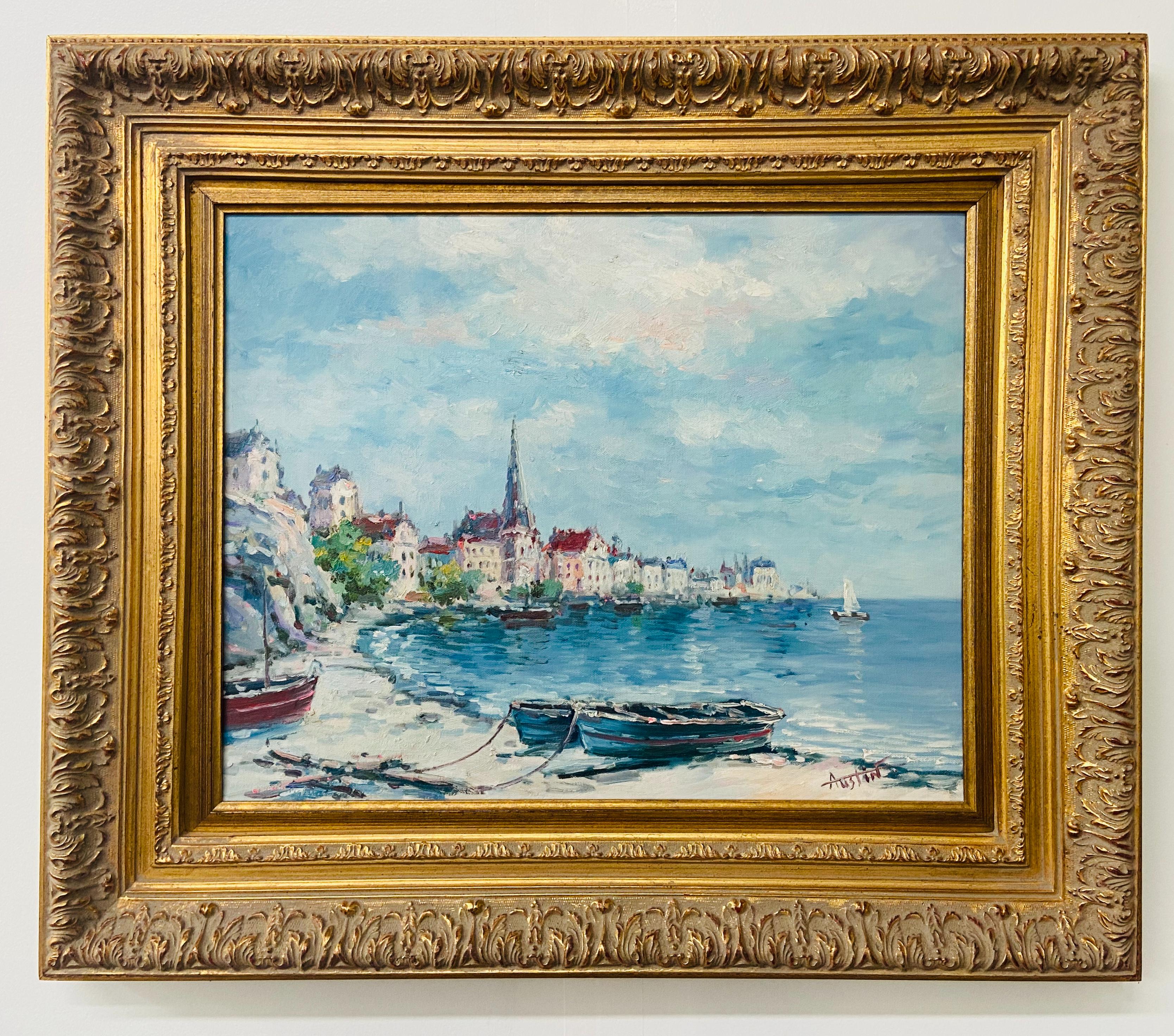 Landschaft, Strandstadt, Öl auf Leinwand, Gemälde, signiert vom Künstler Austin – Painting von Unknown