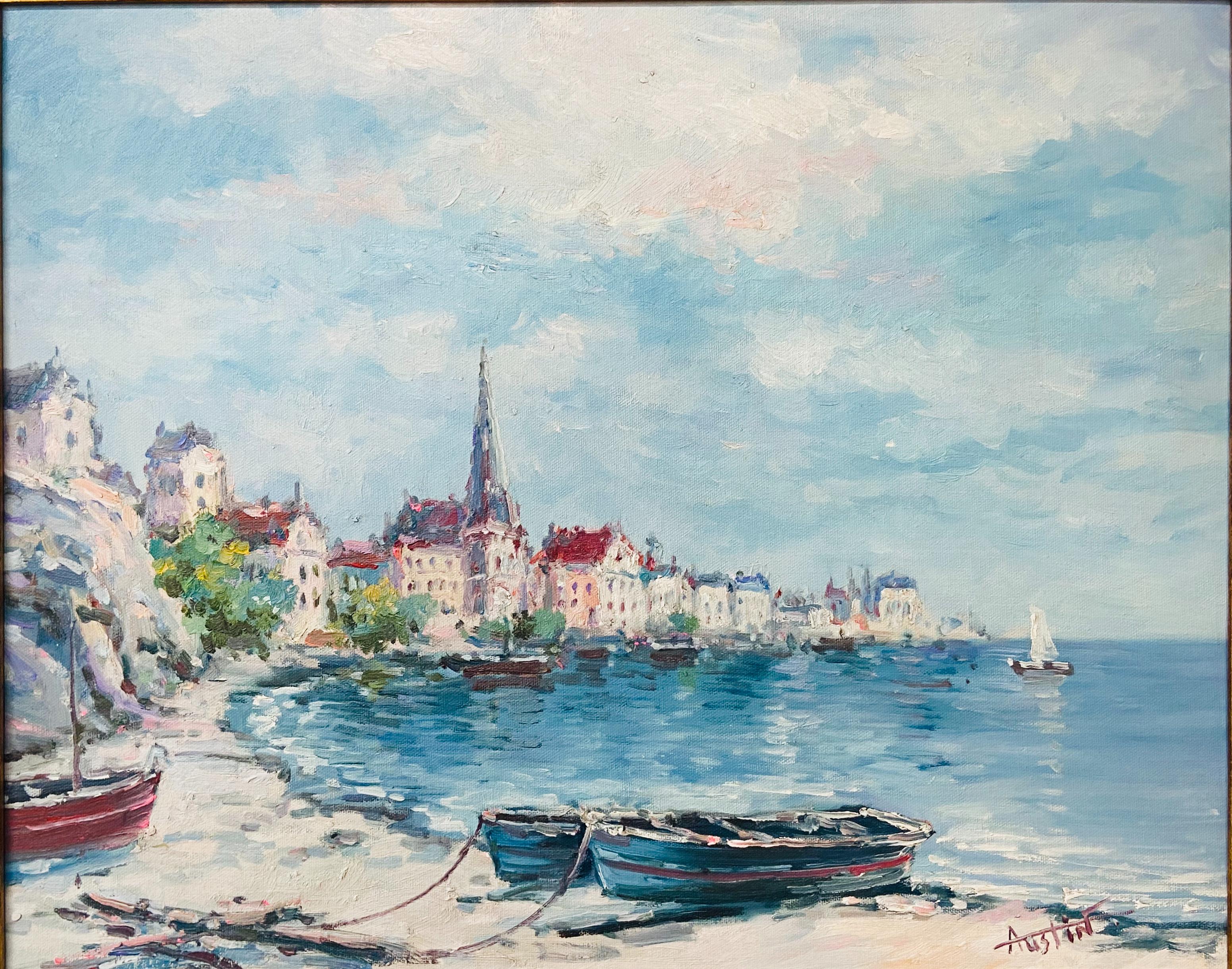 Landschaft, Strandstadt, Öl auf Leinwand, Gemälde, signiert vom Künstler Austin (Amerikanische Moderne), Painting, von Unknown