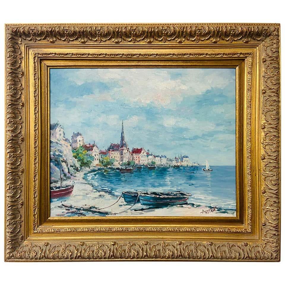 Unknown Landscape Painting - Landscape Beach Town Oil on Canvas Painting Signed by Artist Austin