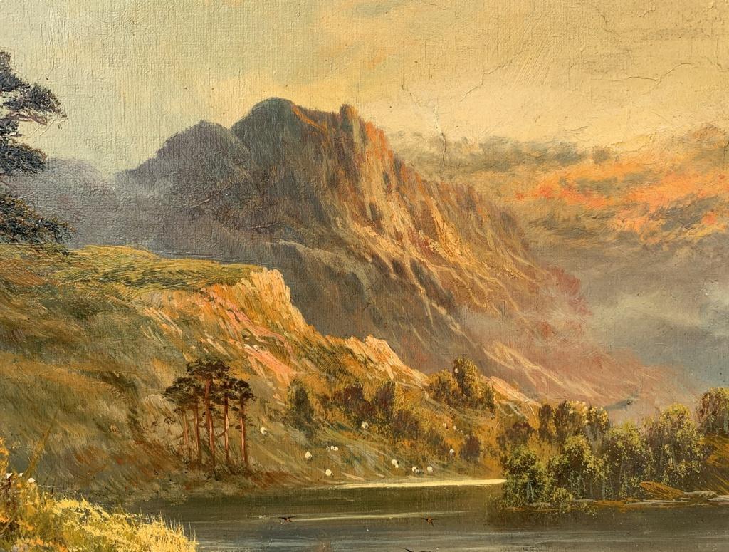 European painter (late 19th century) - Mountain landscape with river.

41 x 61.5 cm without frame, 56.5 x 76 cm with frame.

Antique oil painting on canvas, in carved and gilded wooden frame.

- Indistinctly signed lower right.

Condition report: