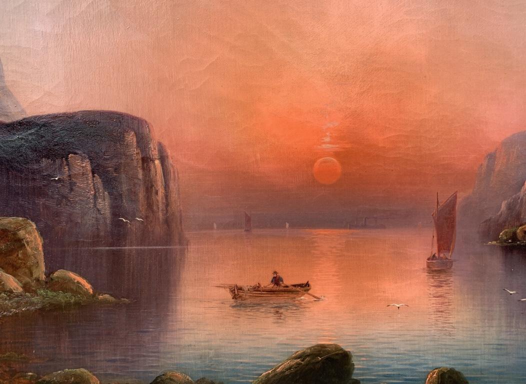 Nils Hans Christiansen (Danish, 1850 - 1922) - Danish Gulf at sunset.

51 x 76 cm without frame, 72 x 97 cm with frame.

Antique oil painting on canvas, in a gilded wooden frame. Indistinctly signed lower right.

Condition report: Original canvas.