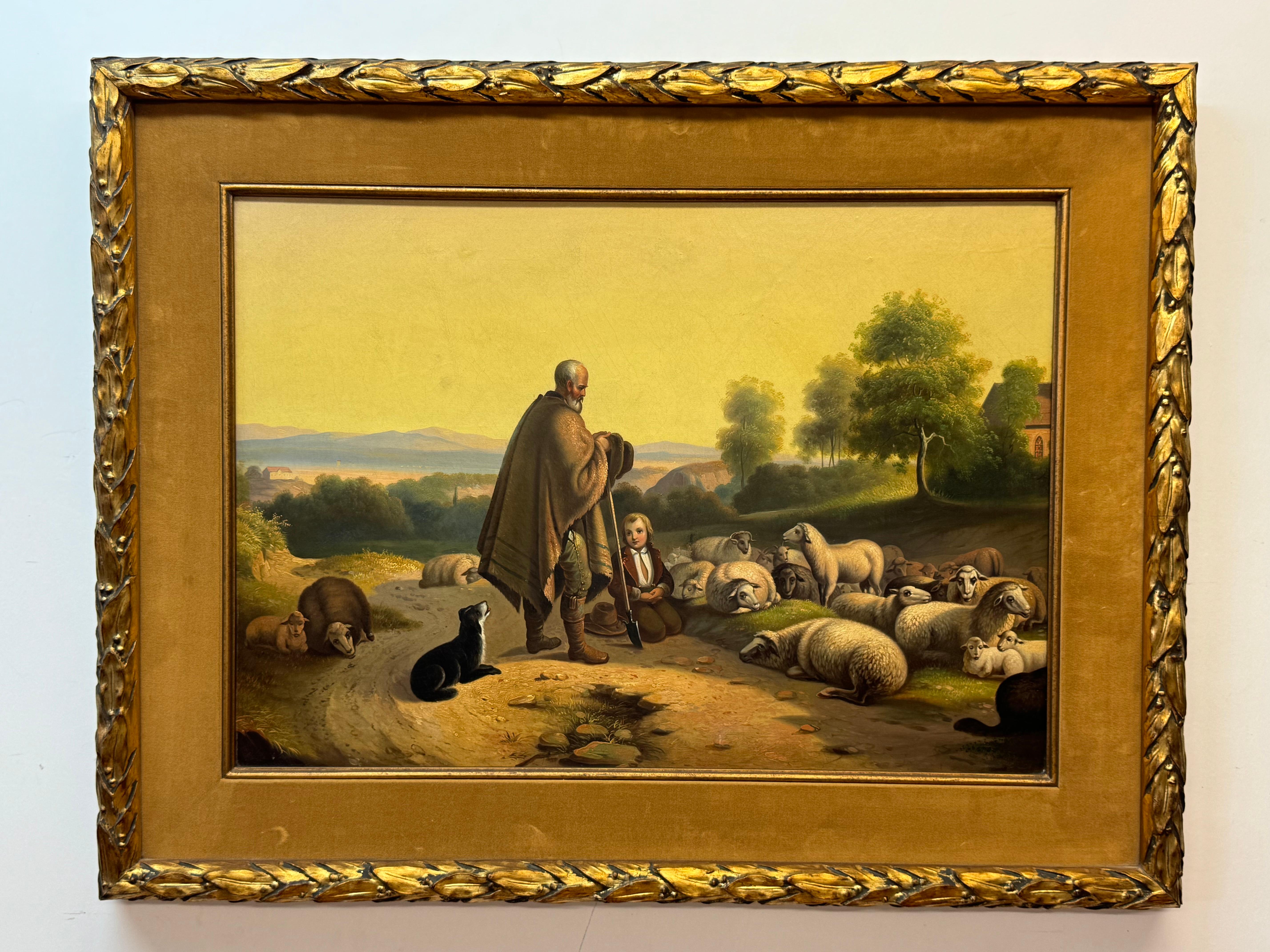 Landschaft mit einer Darstellung eines Hirten mit Herde und einem kleinen Kind mit Hund