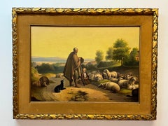 Paysage représentant un berger avec son troupeau et un petit enfant avec son chien