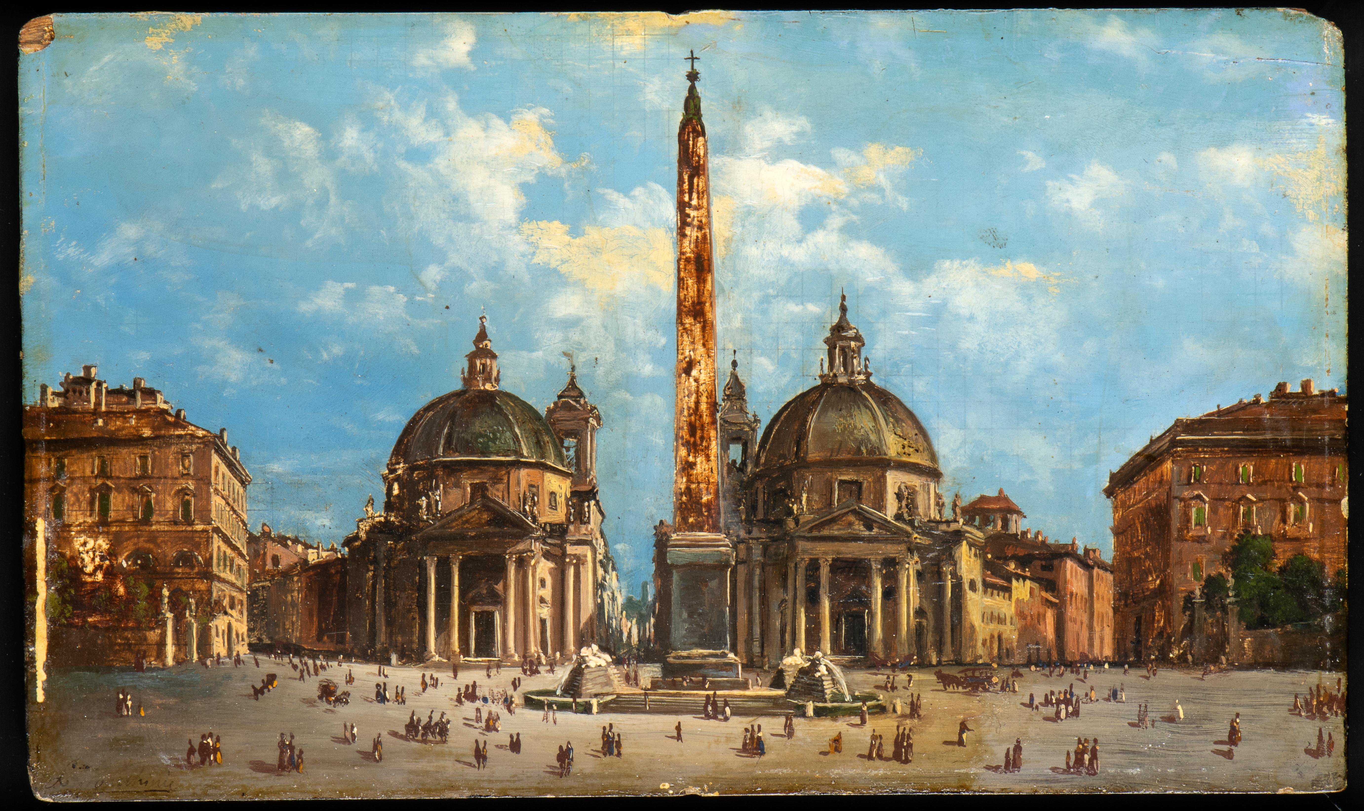 Elaborately framed, isolated in black modern frames this painting represent a typically daily scene of Rome at the end of the 19th century in a perfect grand tour style present a  view of Piazza del Popolo with the obelisk and the twin Churchs,