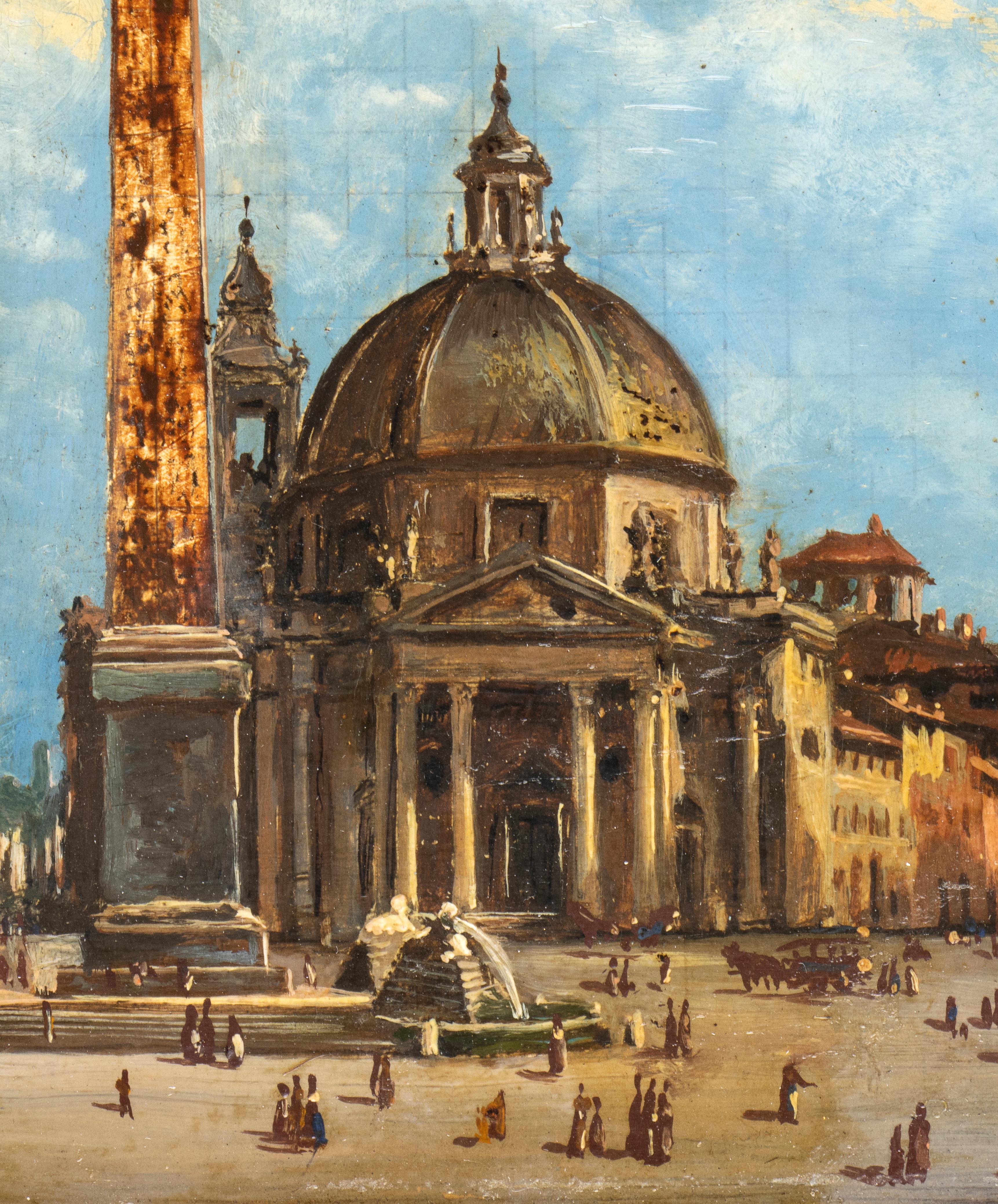 Landscape Figurative Oil Painting View Of Piazza del Popolo in Rome 19th Century For Sale 1