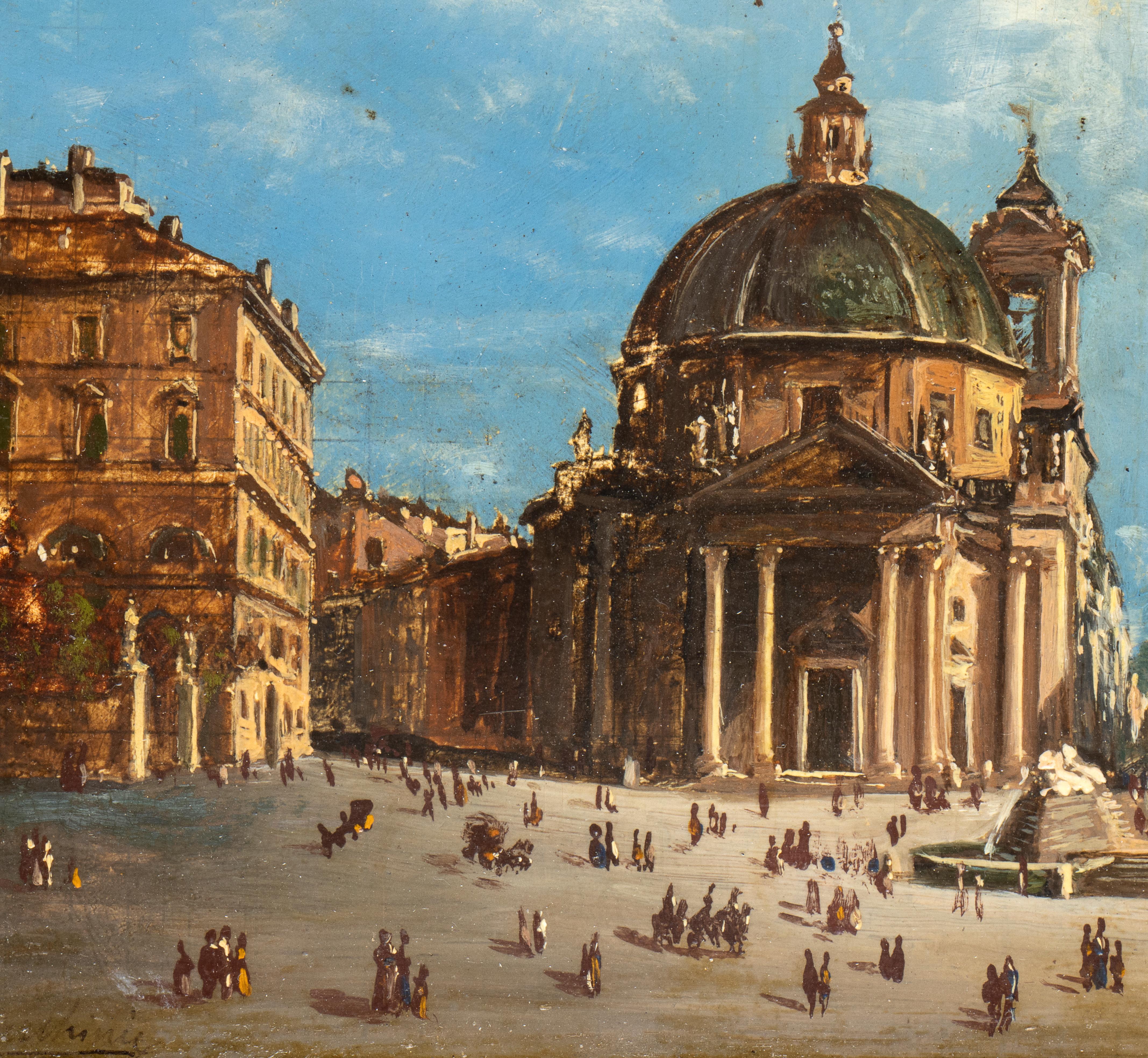 Ce tableau représente une scène typiquement quotidienne de Rome à la fin du 19e siècle, dans un style grand tour parfait.  Vue de la Piazza del Popolo avec l'obélisque et les deux églises jumelles, Santa Maria in Montesanto, également connue sous le
