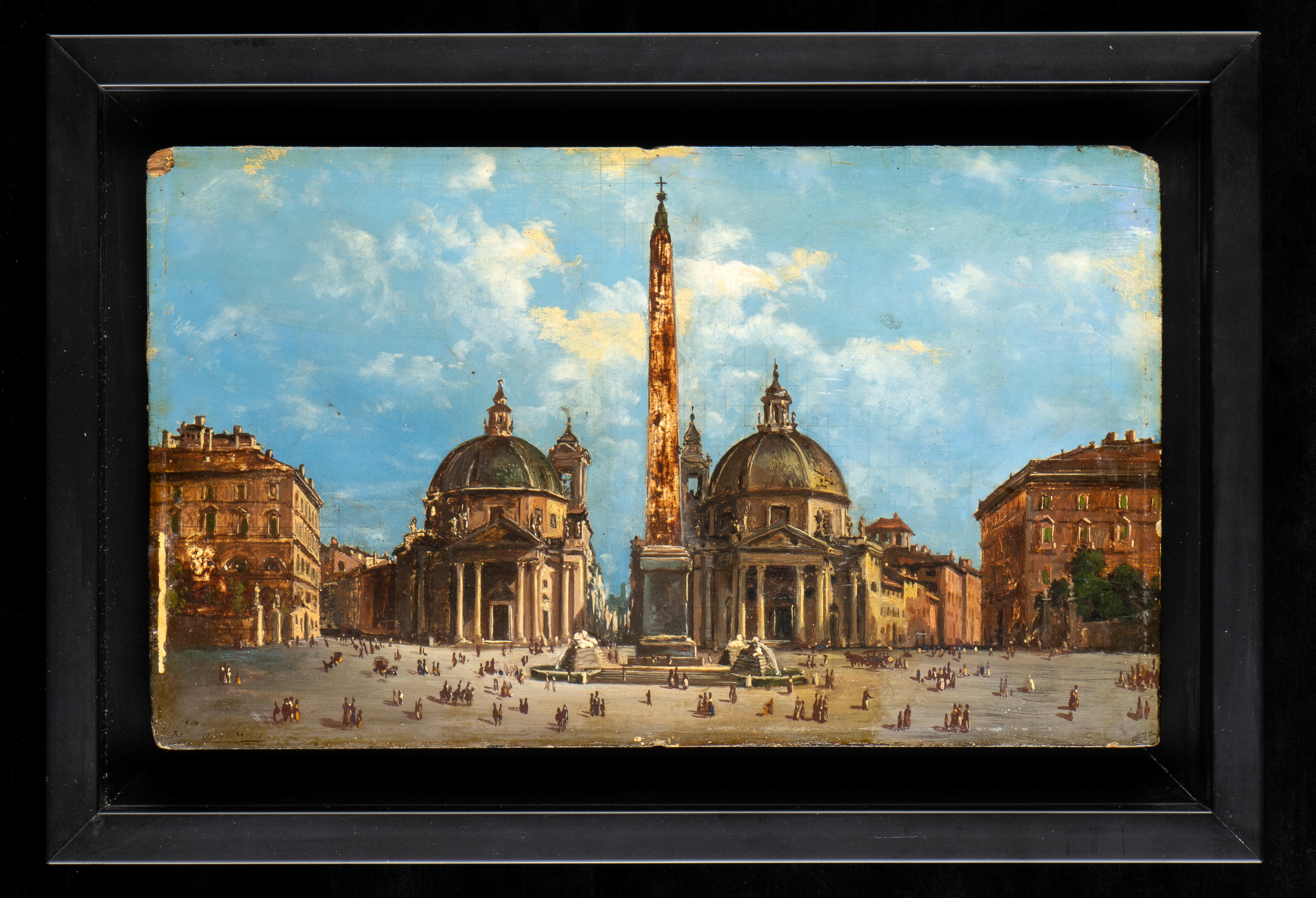Figurative Painting Unknown - Peinture à l'huile - Vue de la Piazza del Popolo à Rome 19ème siècle