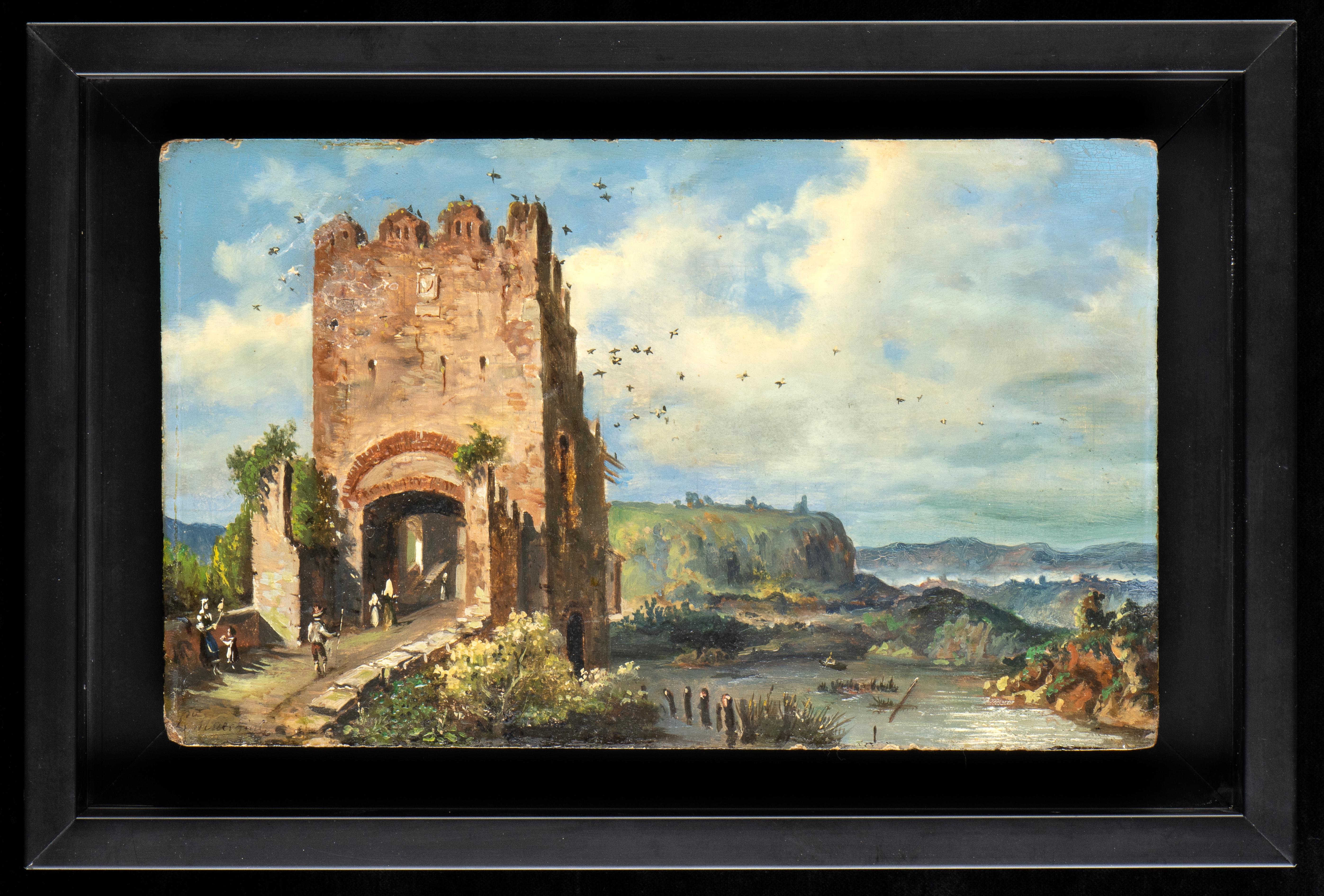 View of Rome Landscape Oil Grand Tour Bridge on The River Aniene Signed 19th  - Painting by Unknown