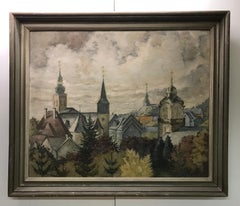 Paesaggio di un villaggio con vista sui campanili - Olio su tela