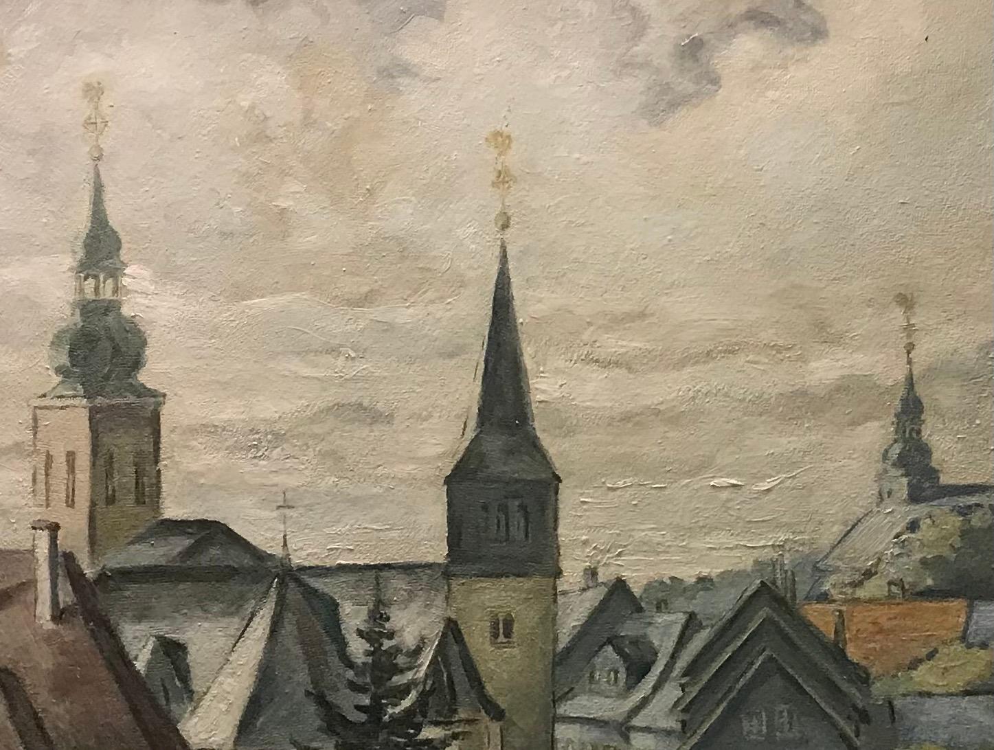 Landscape of a village with a view of steeples - Oil on canvas - Modern Painting by Unknown