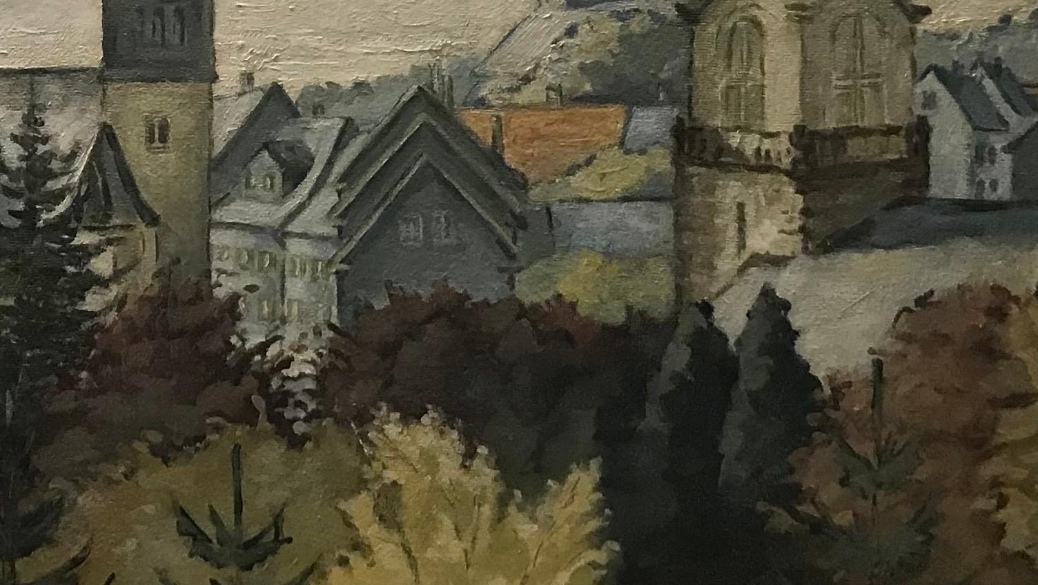 Landscape of a village with a view of steeples - Oil on canvas - Gray Landscape Painting by Unknown