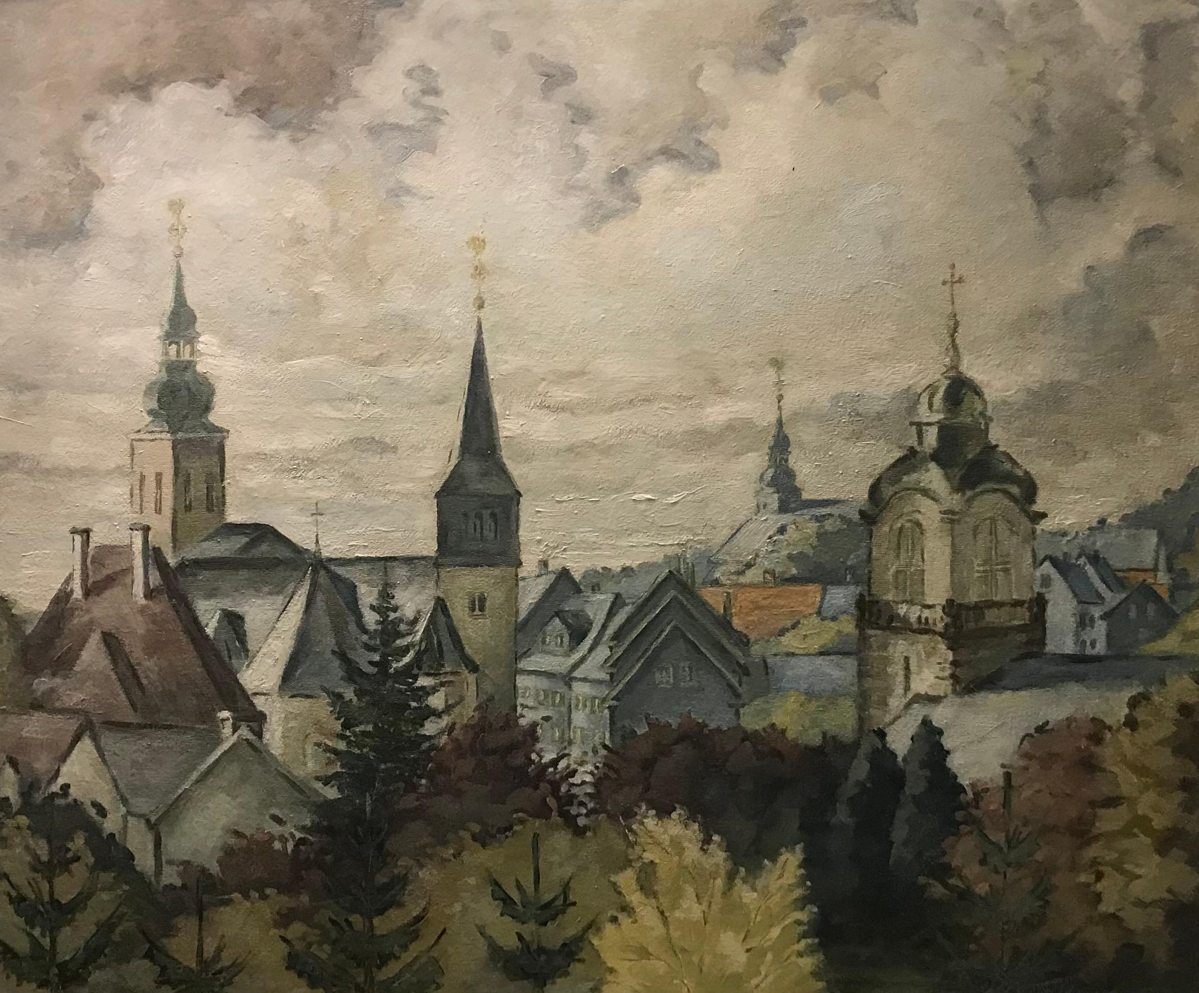Unknown Landscape Painting - Landscape of a village with a view of steeples - Oil on canvas