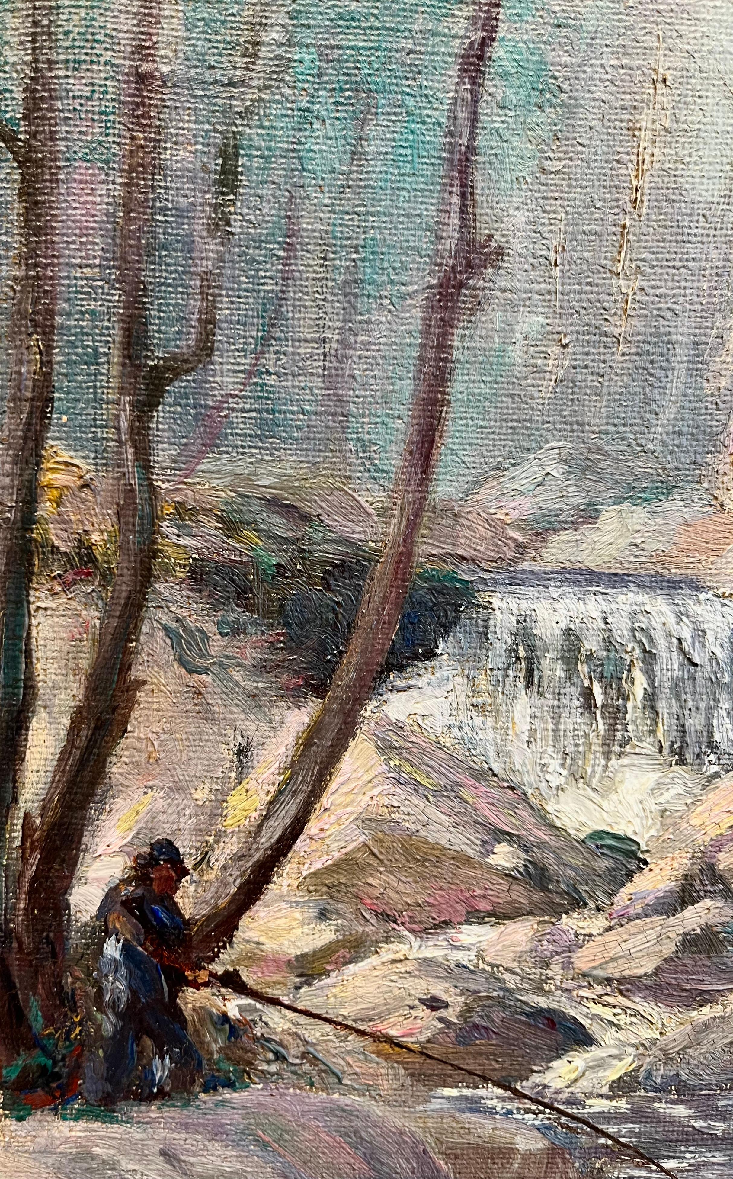 Landschaft eines Mannes beim Fischen am Wasserfall – Painting von Unknown