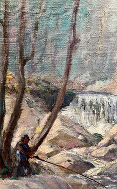 Landscape of Man Fishing at Waterfall