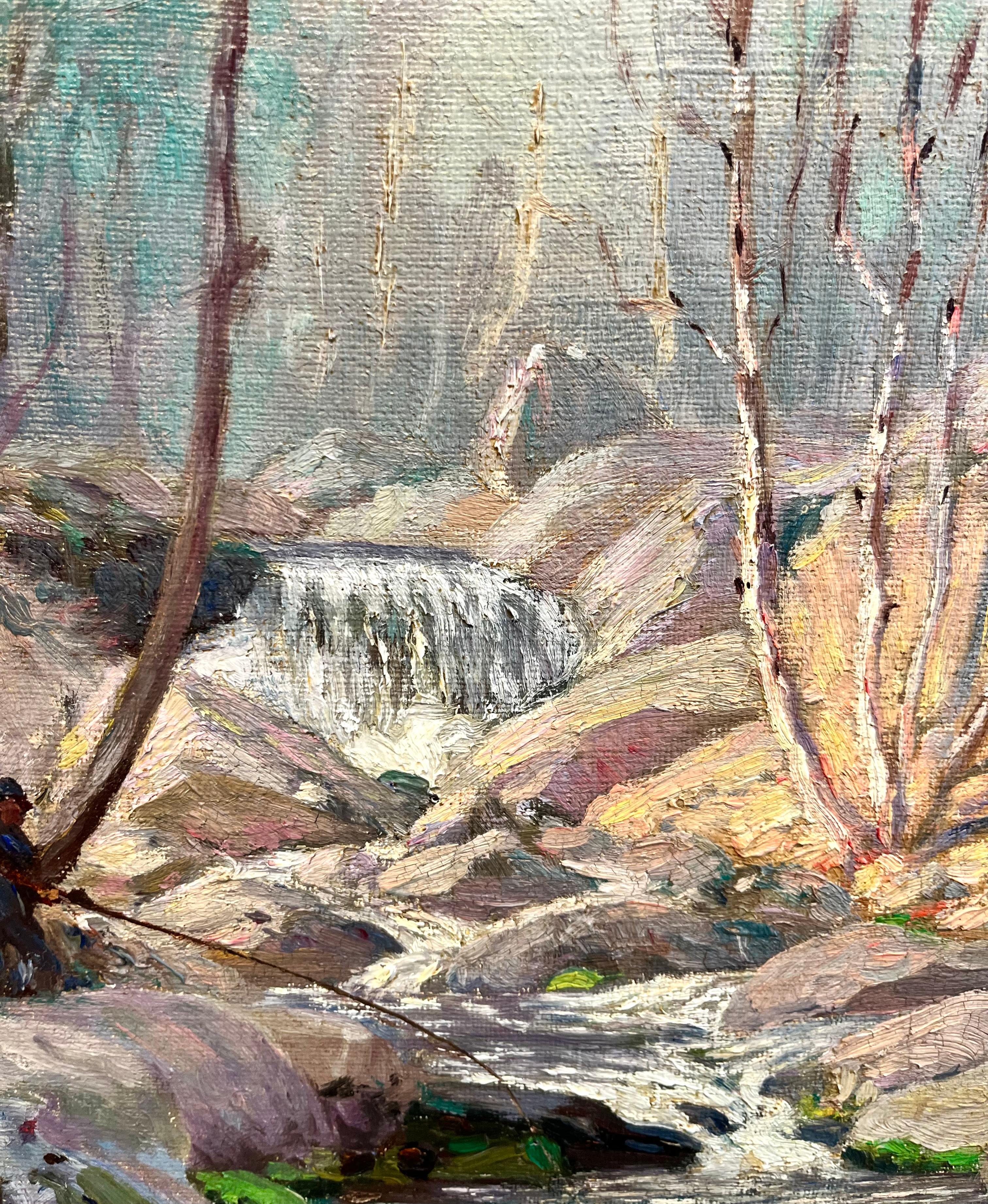 Landschaft eines Mannes beim Fischen am Wasserfall (Impressionismus), Painting, von Unknown