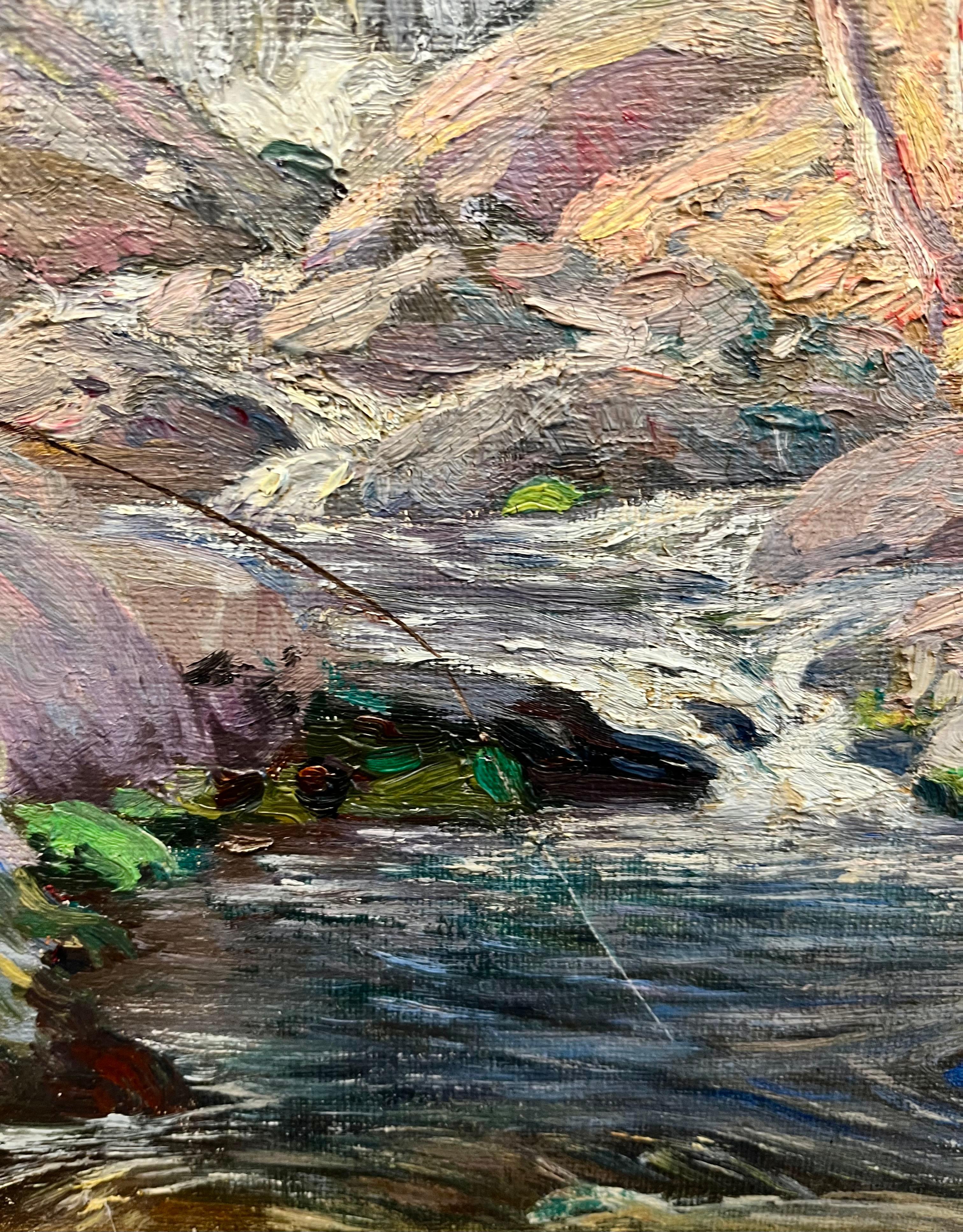 Landschaft eines Mannes beim Fischen am Wasserfall im Angebot 1