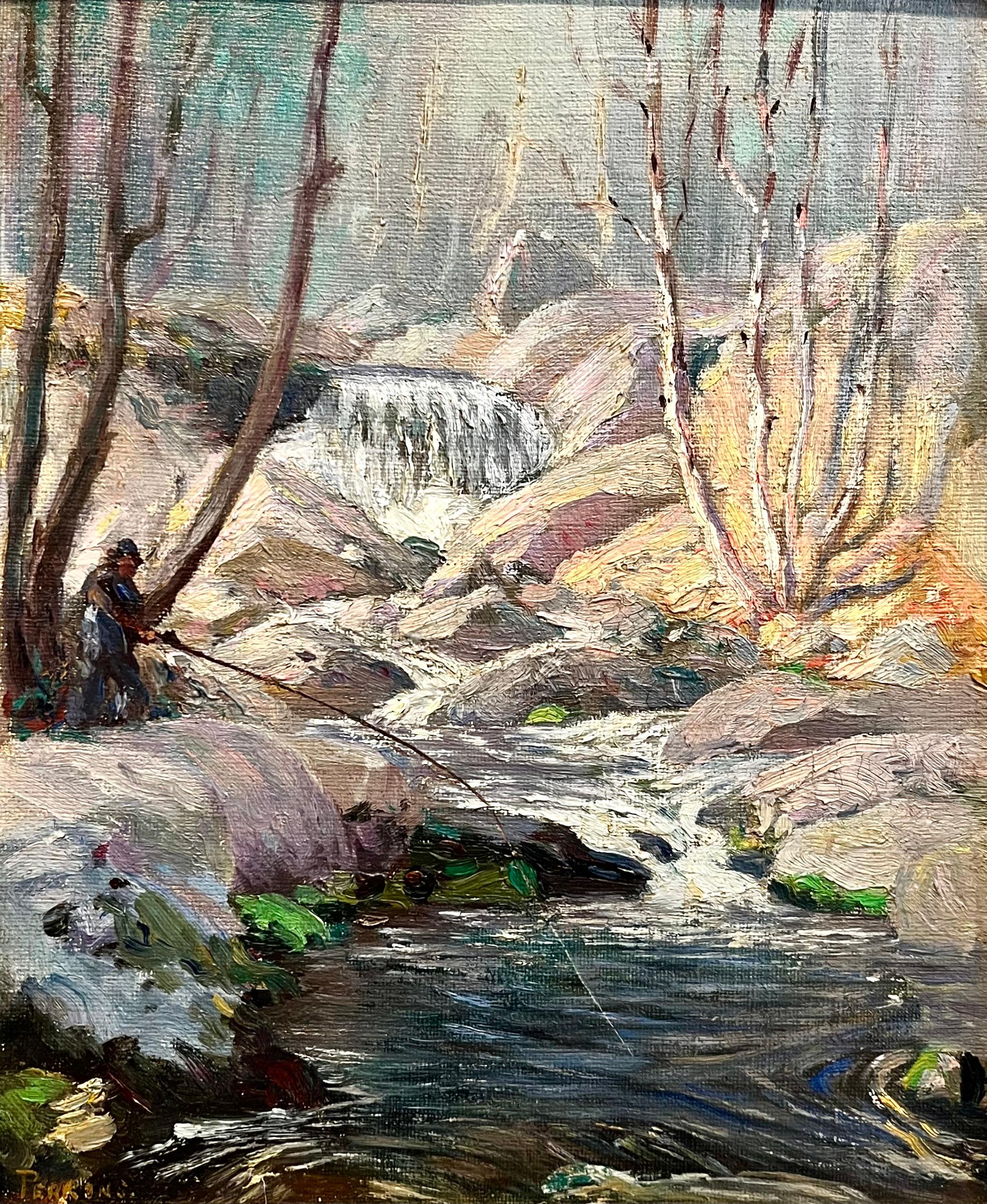 Unknown Figurative Painting – Landschaft eines Mannes beim Fischen am Wasserfall