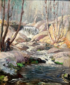 Landschaft eines Mannes beim Fischen am Wasserfall