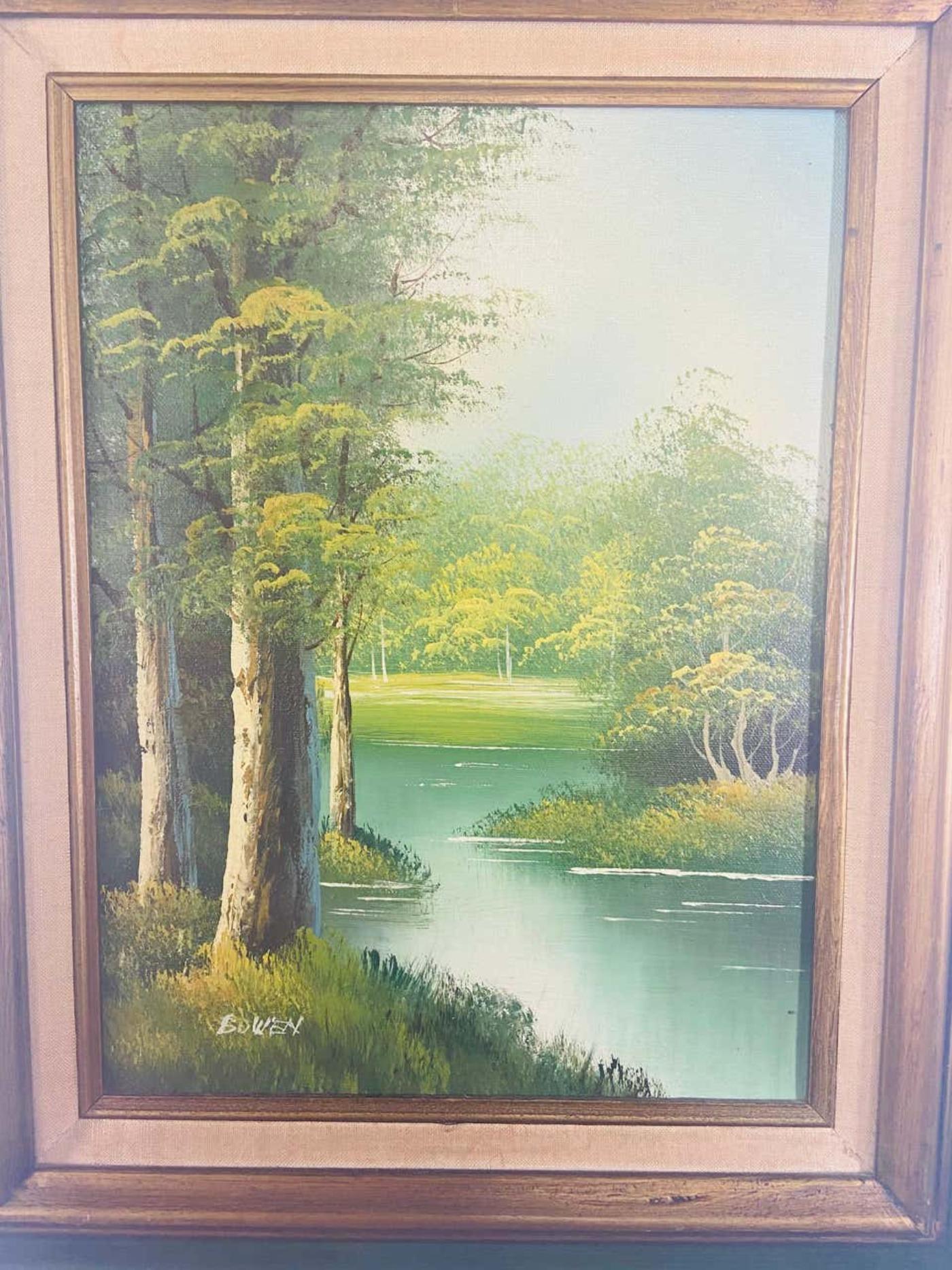 Landscape Oil on Canvas Framed Painting Signed Artist Bowen For Sale 1