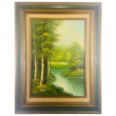 Retro Landscape Oil on Canvas Framed Painting Signed Artist Bowen