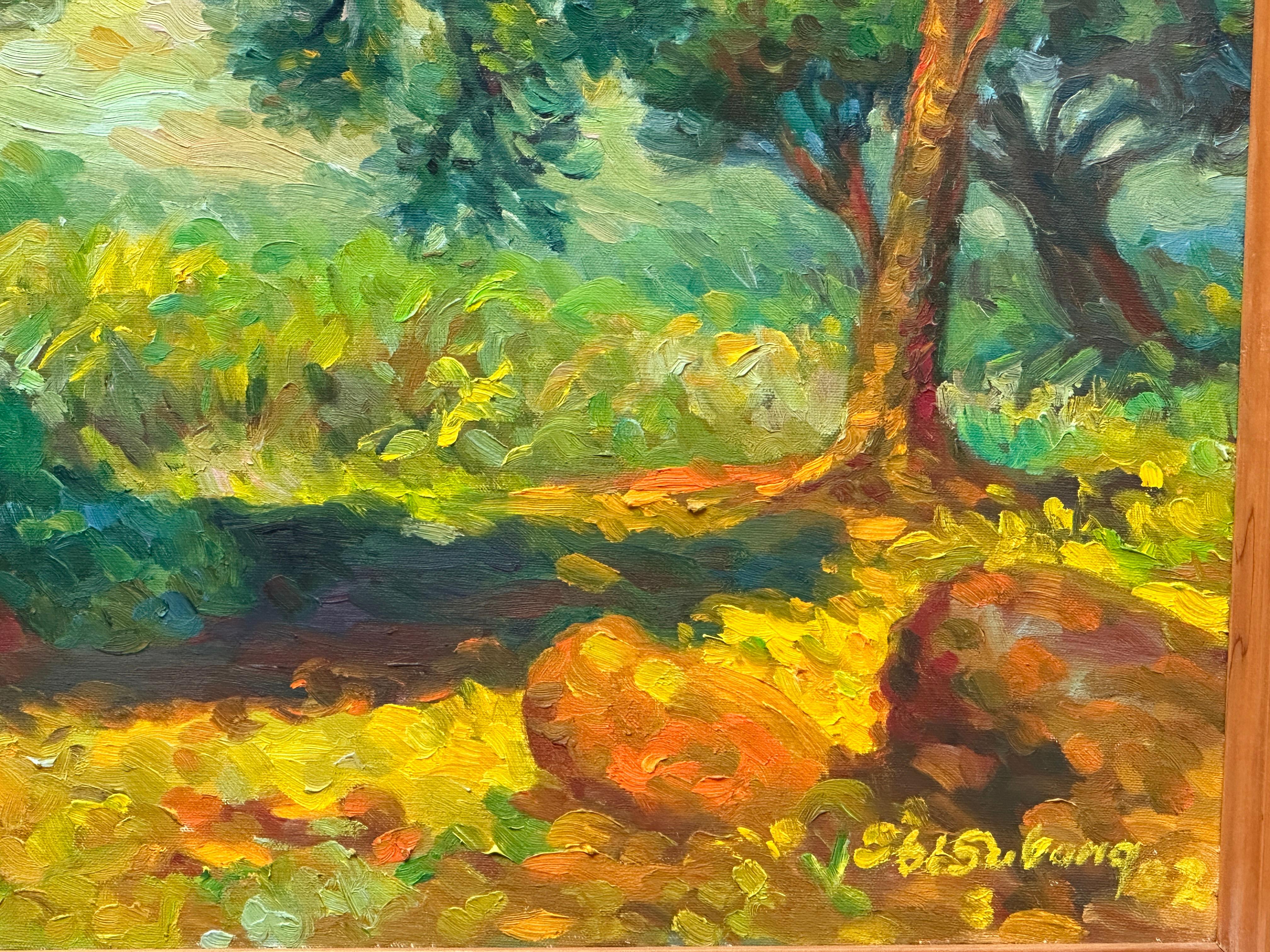 Questo dipinto a olio, realizzato da un artista filippino contemporaneo,  l'opera è firmata e mostra una composizione immersa nella natura, con un potente nucleo di luce che irradia l'intera tela. La scena presenta quattro alberi distinti, uno dei