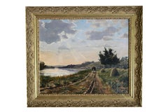 Paysage peinture à l'huile, French Antique Impressionist Landscape in gold frame