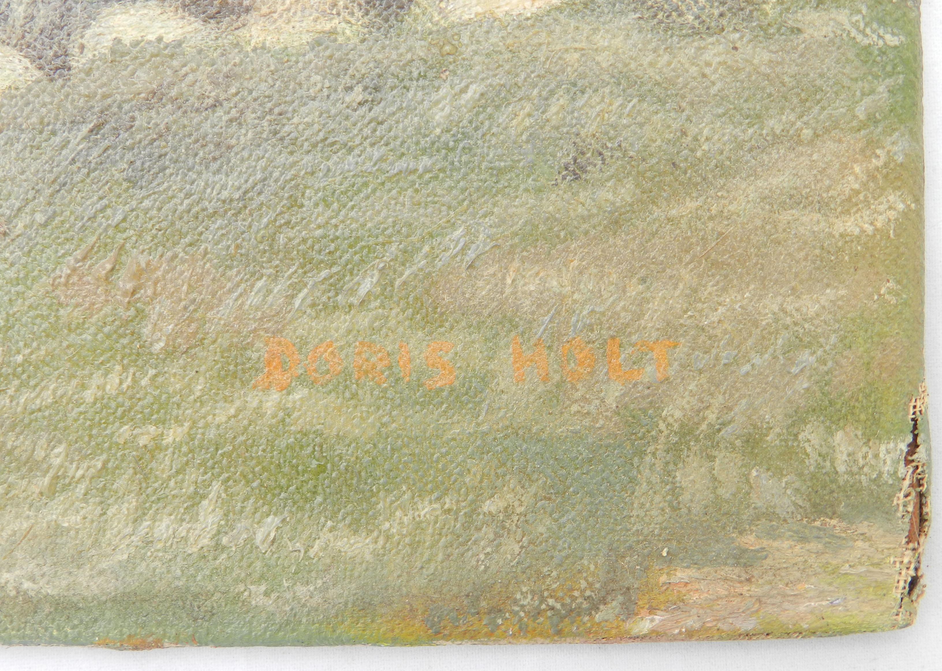 Landschaft Ölgemälde signiert Doris Holt Amerikaner Mitte des Jahrhunderts (Grau), Landscape Painting, von Doris Holt Hauman