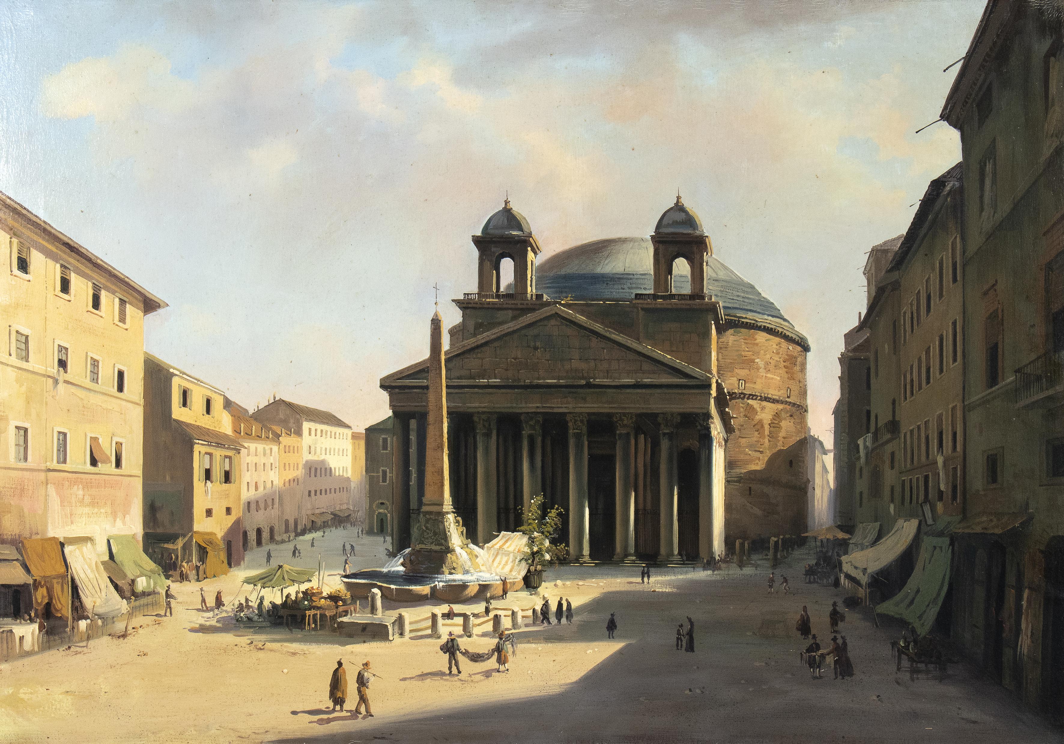 an impressive view of Pantheon in Rome an Italian School landscape oil painting of late 19th century; the artist made a perfect storytelling and give the opportunity to the observer to of having an exact vision of Rome as it was at the end of the