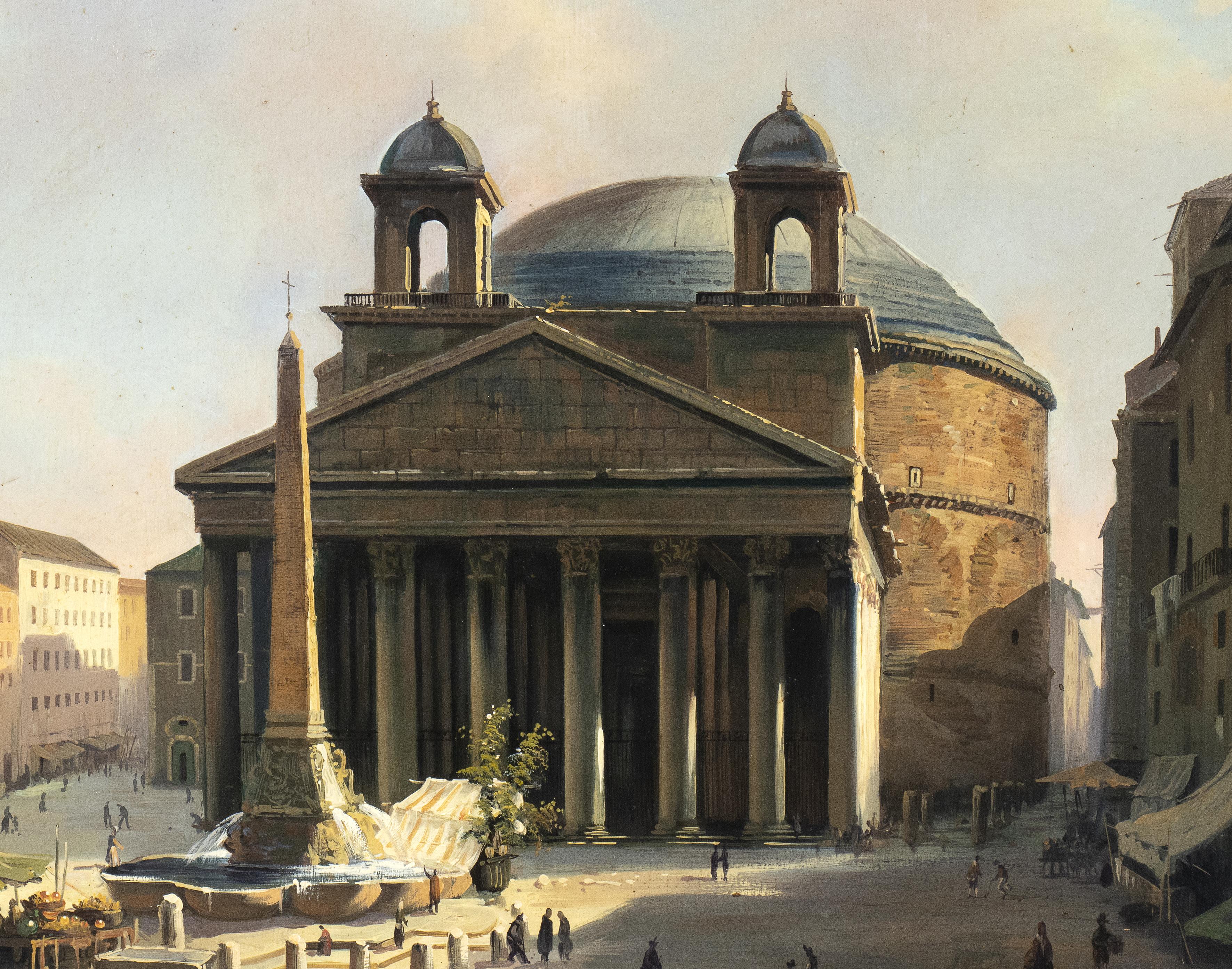 Landscape Oil Painting View Of Pantheon Rome Italian School Late 19th Century For Sale 1