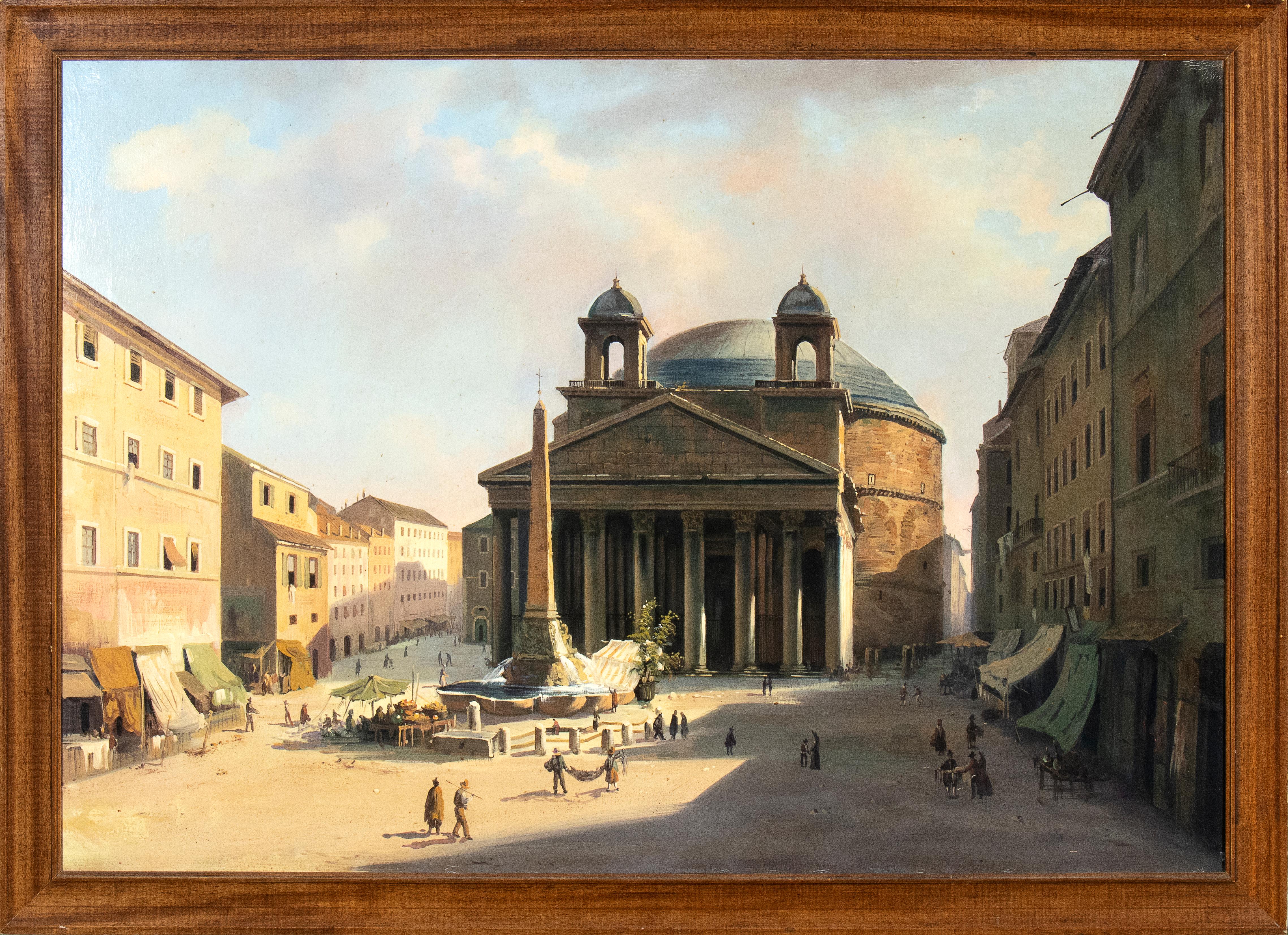 Unknown Landscape Painting - Landscape Oil Painting View Of Pantheon Rome Italian School Late 19th Century
