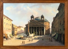 Antique Landscape Oil Painting View Of Pantheon Rome Italian School Late 19th Century
