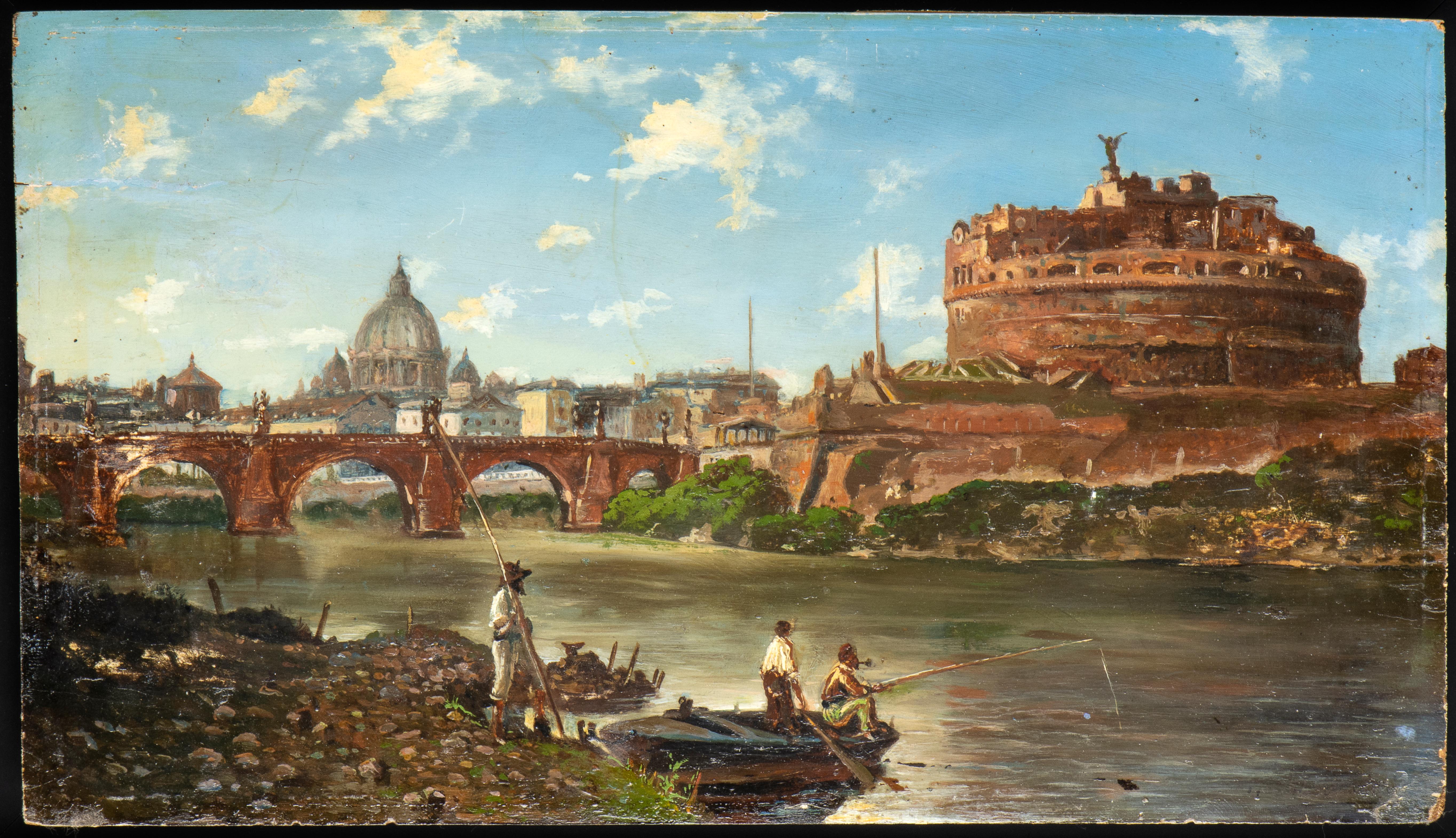 Elaborately framed, isolated in black modern frames this painting  represent a typically daily scene of Rome at the end of the 19th century in a perfect grand tour style; the view from the bank of the Tiber with fishermans and boats,  Castel