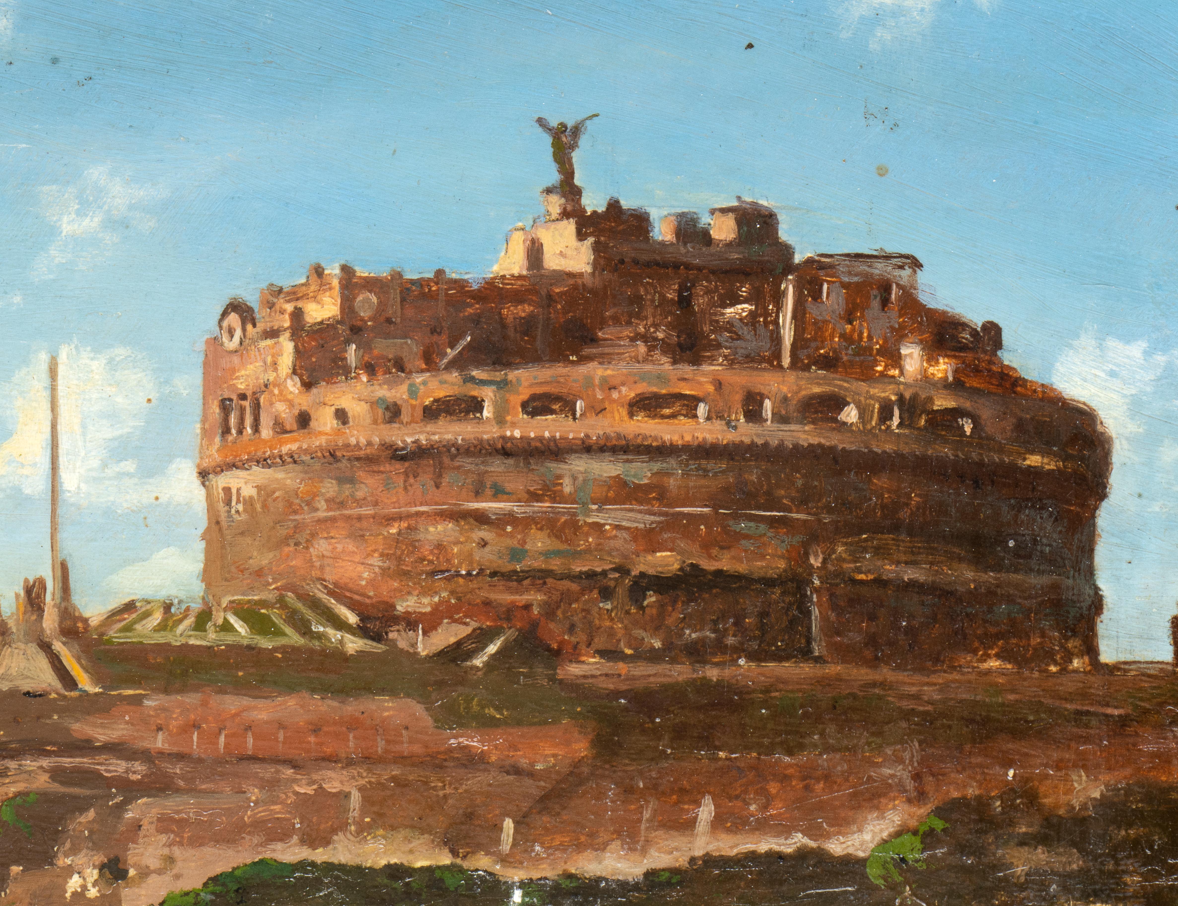 Aufwändig gerahmt, isoliert in schwarzen modernen Rahmen, ist dieses Gemälde  stellen eine typisch alltägliche Szene Roms am Ende des 19. Jahrhunderts in perfektem Grand-Tour-Stil dar: den Blick vom Tiberufer mit Fischern und Booten,  Engelsburg mit