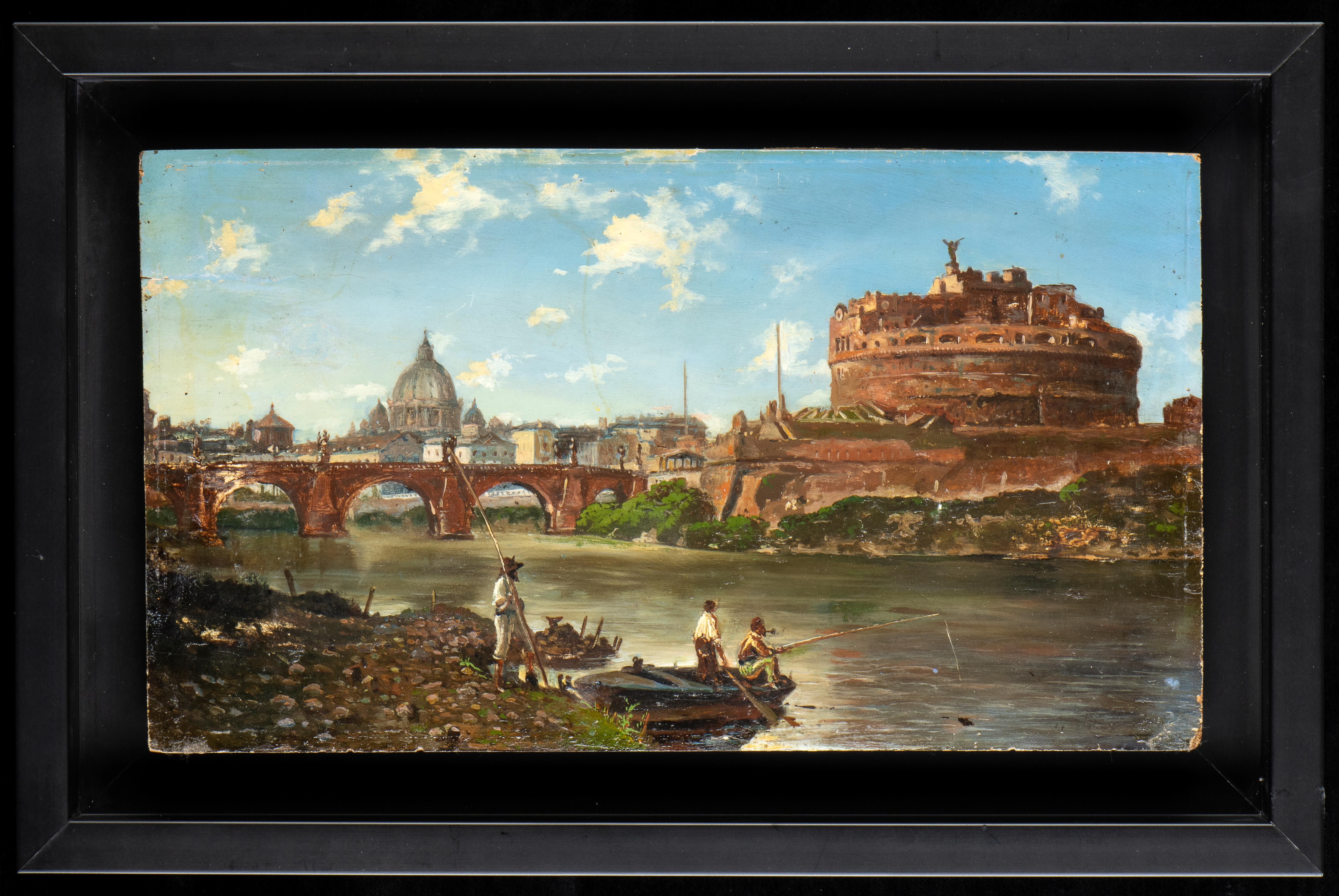 Peinture à l'huile du Grand Tour de Rome, vue du château de Sant'Angelo et de la rivière Tiber