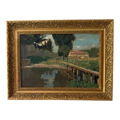 Landschaft Ölgemälde, Vintage gerahmt Französisch Impressionist Bauernhaus Kunst