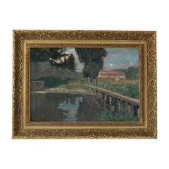 Pittura ad olio di paesaggio, arte impressionista francese d'epoca con cornice