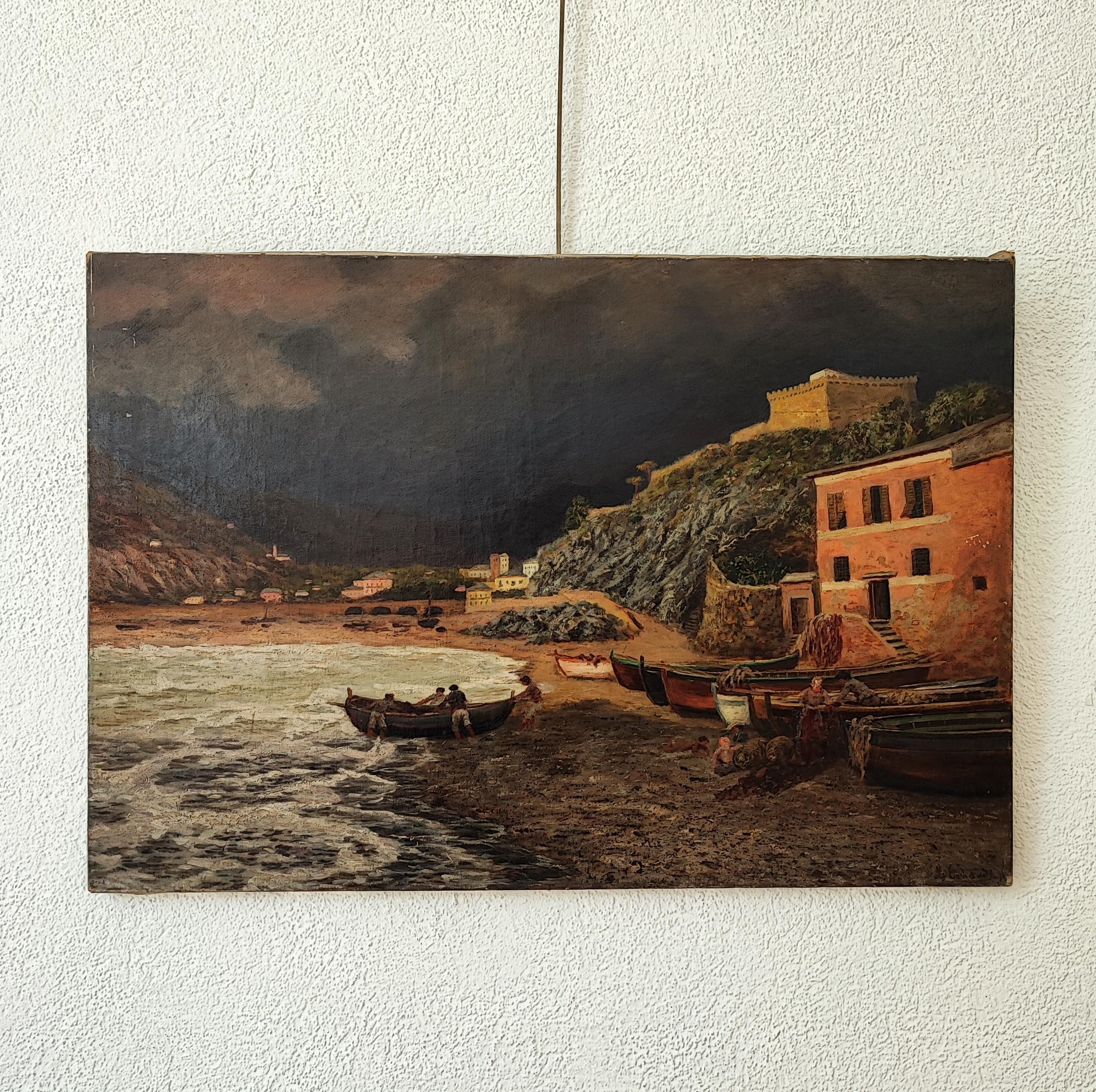 Landscape on the Italian coast - Painting by Unknown