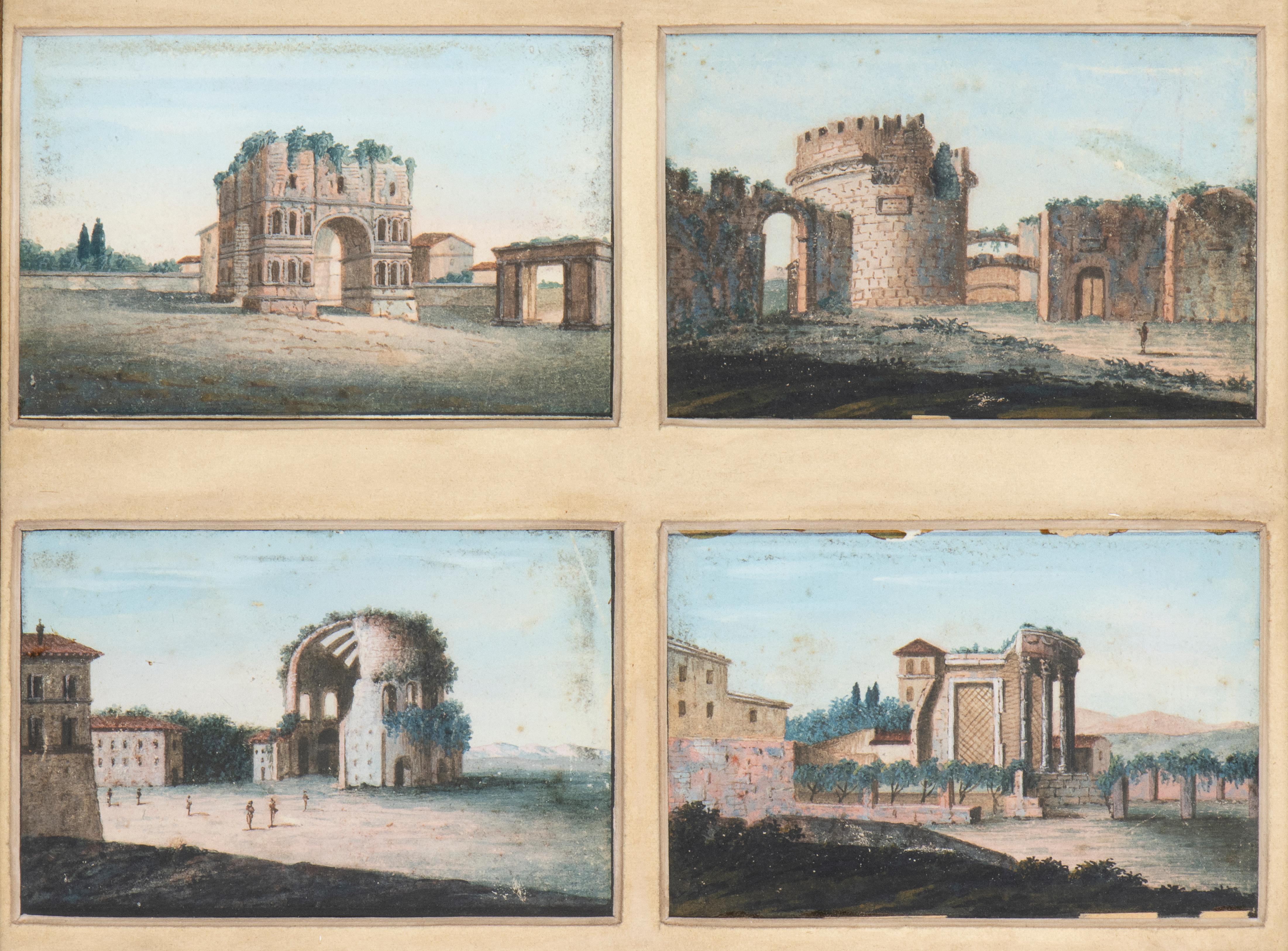 A set of 4  views of Romans important sites painting tempera on paper grand tour  , framed in a coeval gilt wood frame. The arch of Janus, the mausoleum of Caecilia Metella, the Temple of Minerva Medica and the temple of Vesta in Tivoli. The classic