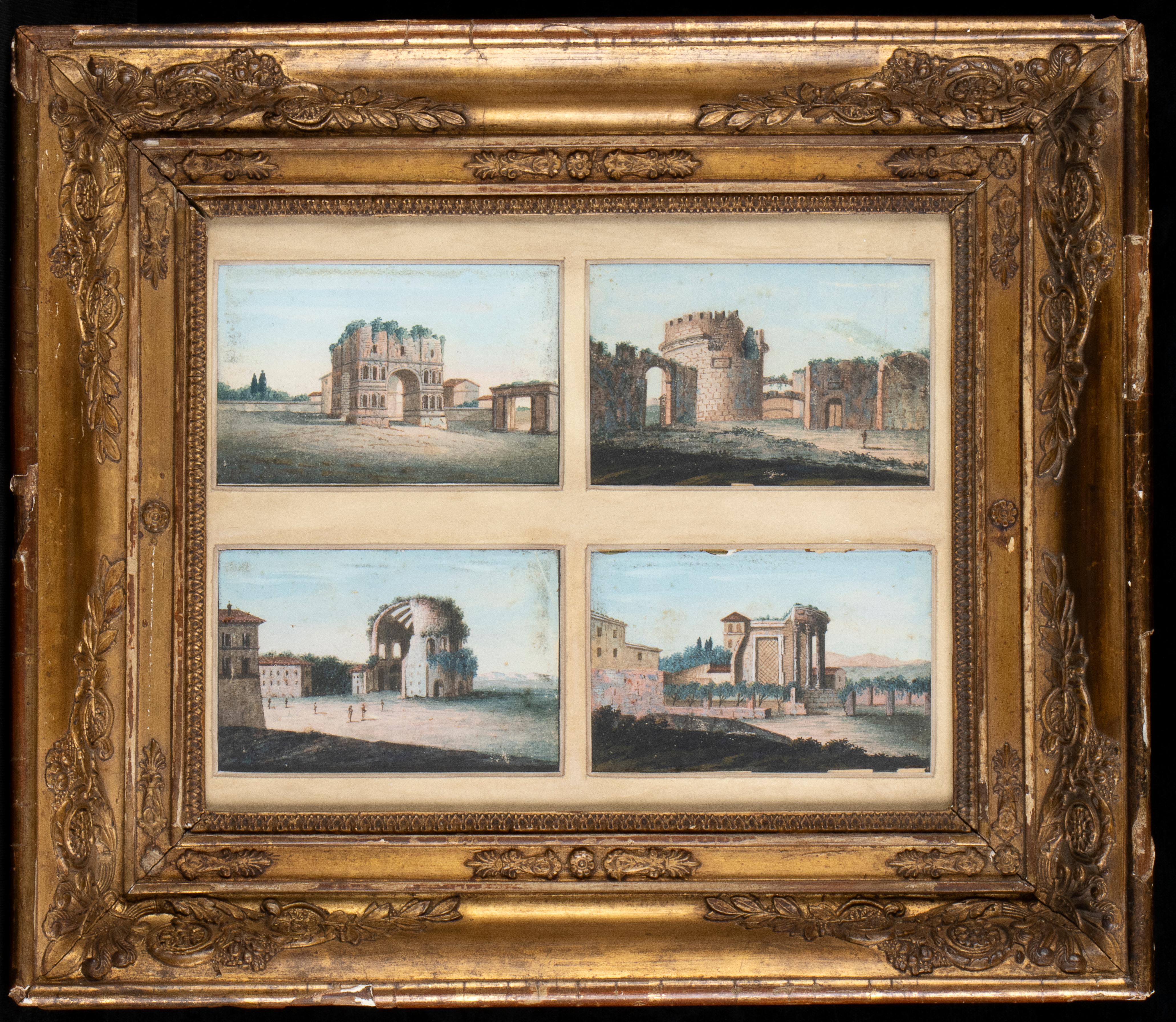 Unknown Figurative Painting - Landscape Painting 4 Views of Rome Tempera On Paper Grand Tour Gilt Wood Frame 