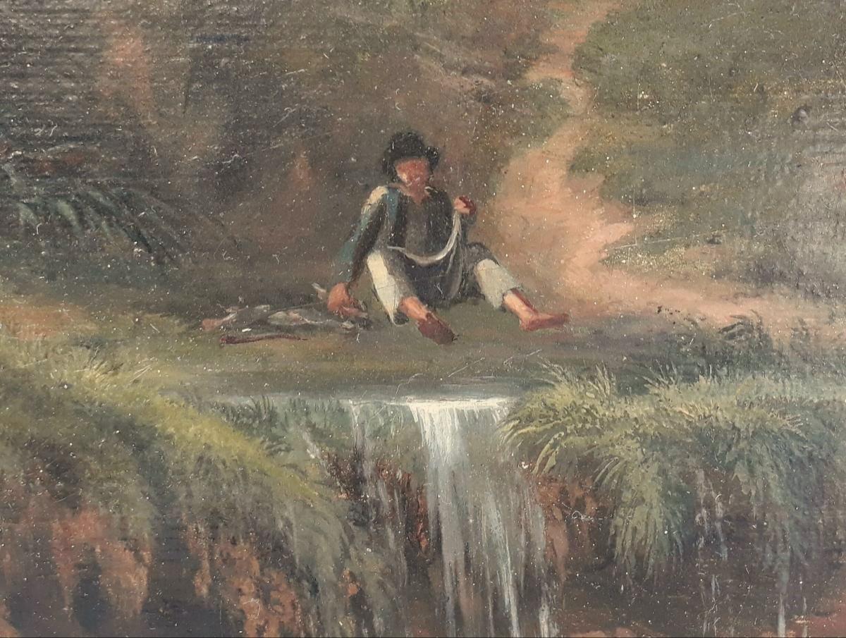 Landscape Painting signed neo-classical waterfall shepherd fishman Oil paper 19e For Sale 1