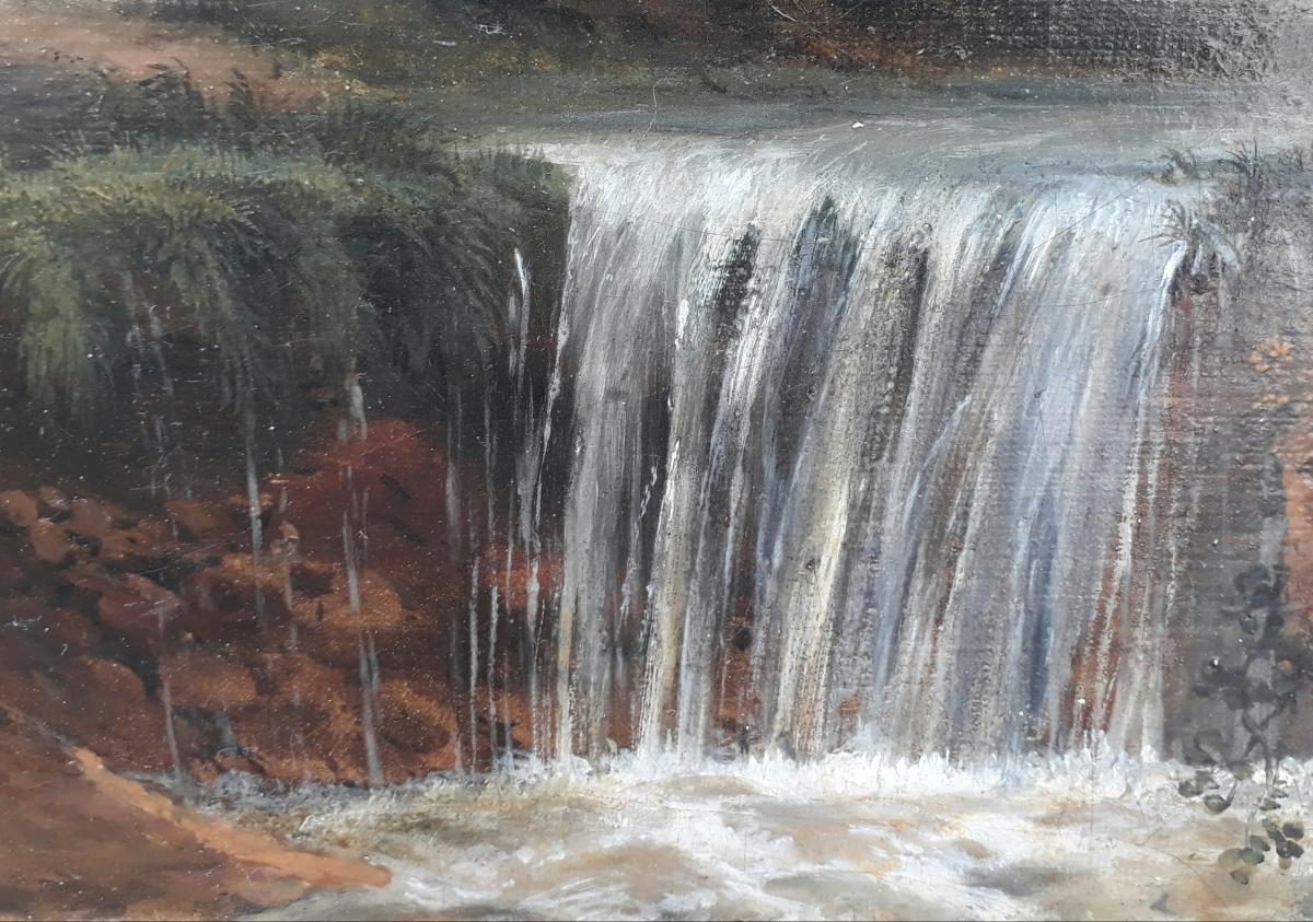 Landscape Painting signed neo-classical waterfall shepherd fishman Oil paper 19e For Sale 2