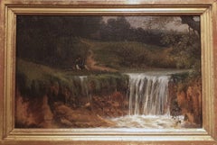 Paysage Peinture signée néo-classique cascade berger pêcheur Papier à l'huile 19e